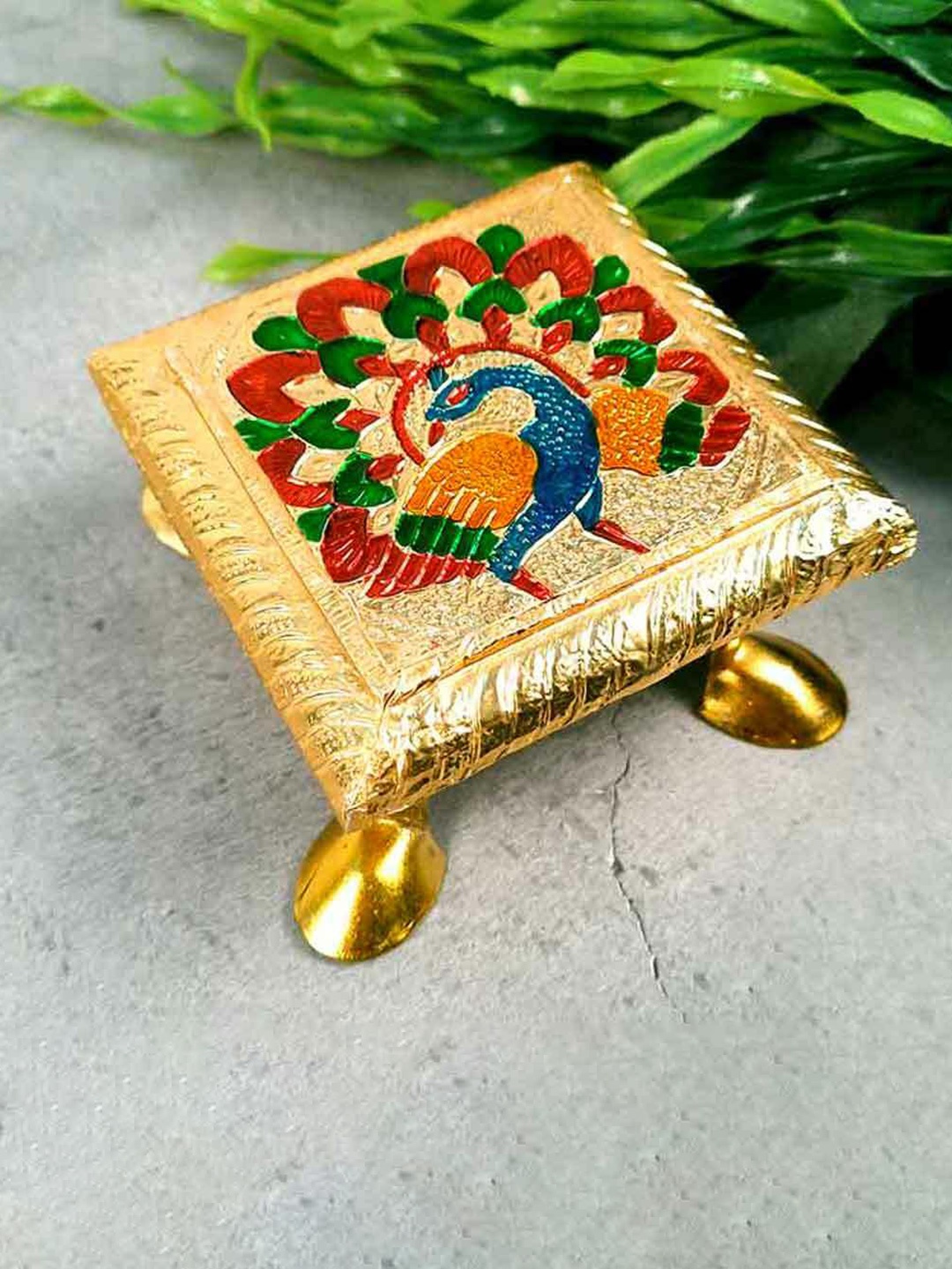 apka mart GoldToned and Red Wooden Minakari Pooja Chowki Bajot, Gold