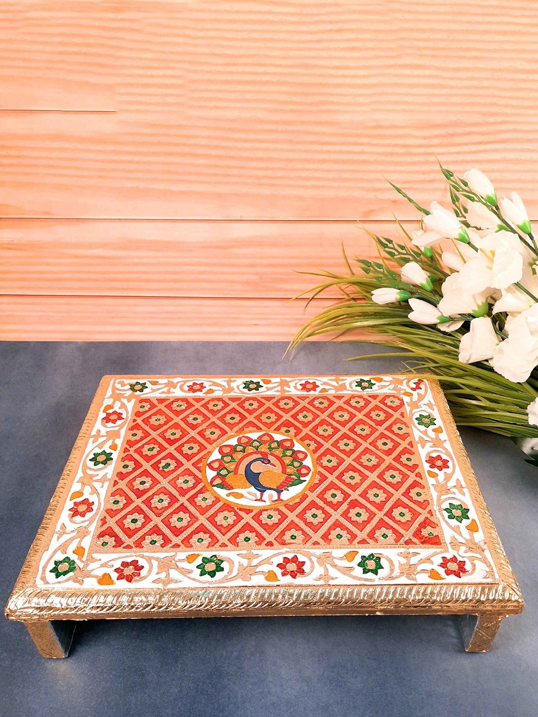 

apka mart Red and White Wooden Meenakari Pooja Chowki Bajot