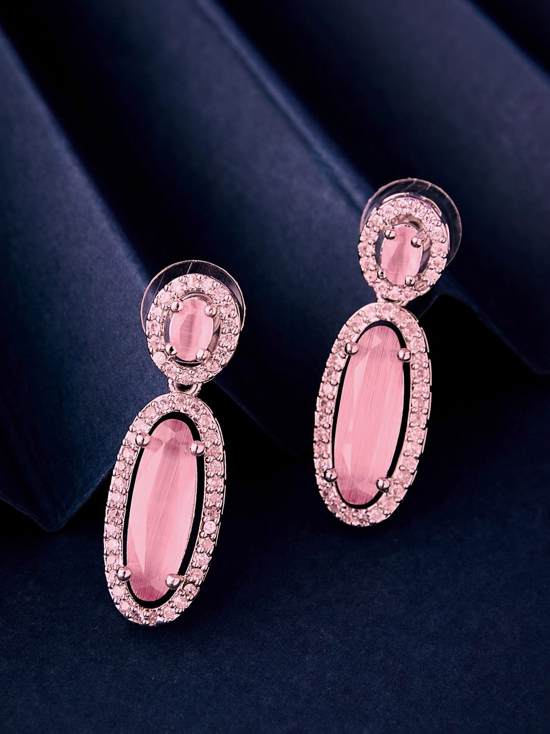 

ATIBELLE Silver-Plated CZ Studded Contemporary Drop Earrings, Pink
