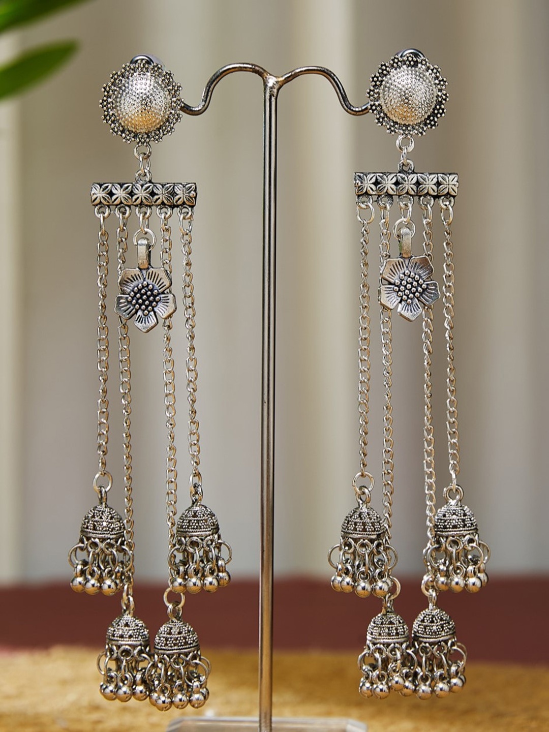

ATIBELLE German Silver-Plated Beaded Oxidised Floral Jhumkas