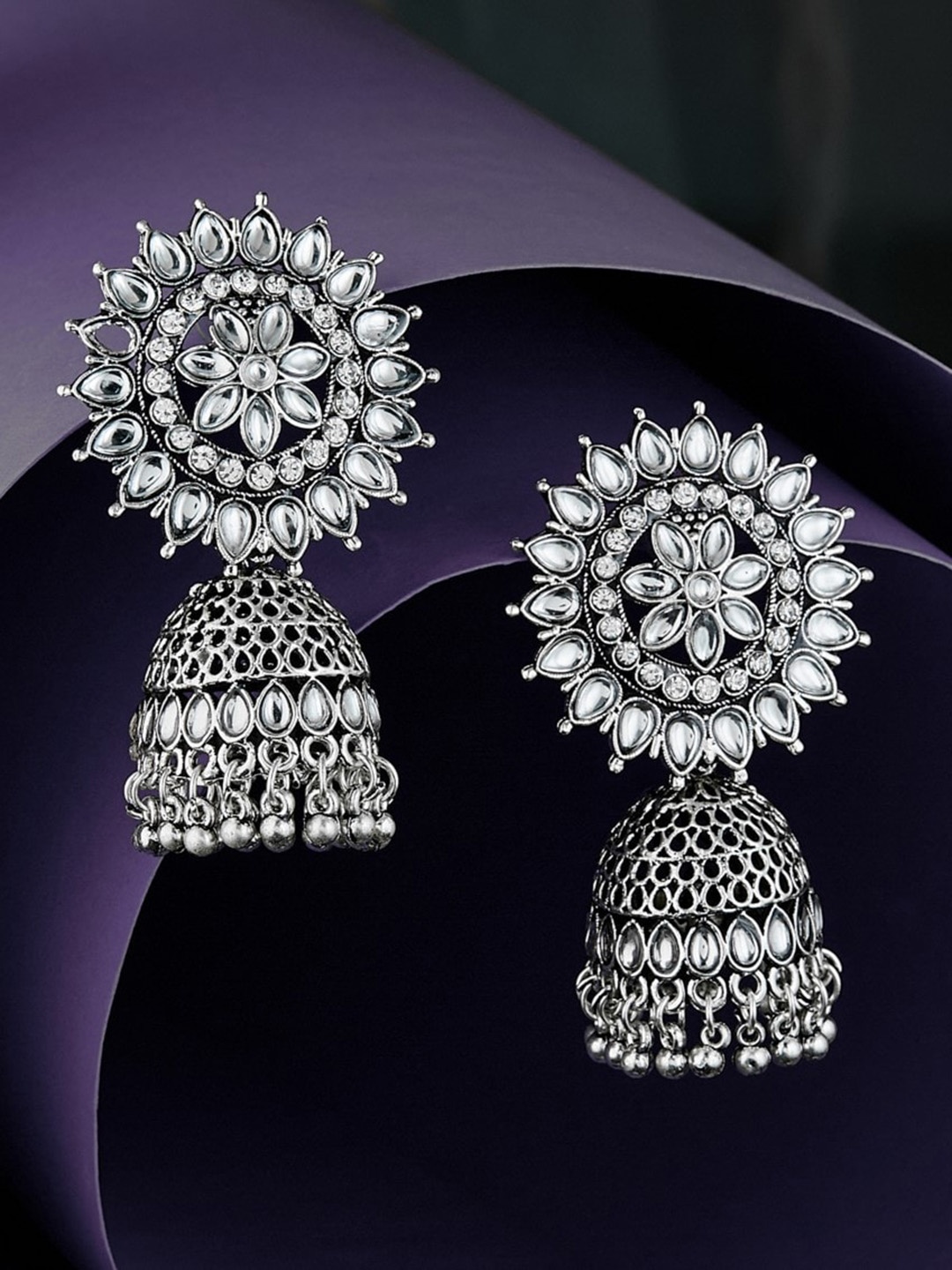

ATIBELLE German Silver Silver-Plated Kundan Classic Jhumkas