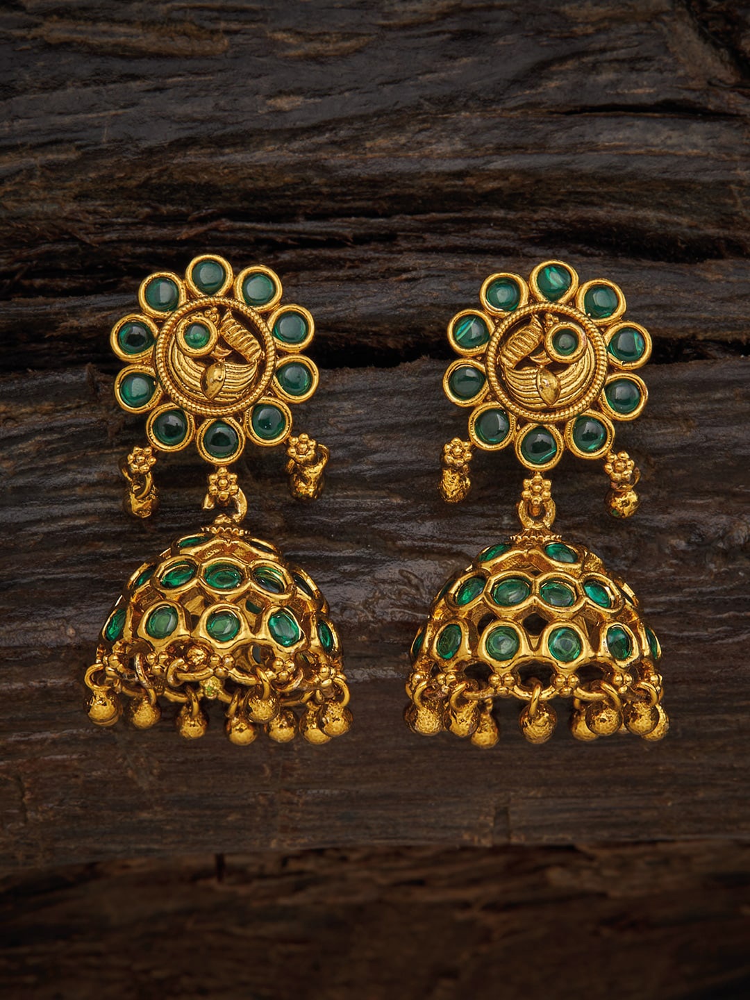 

Kushal's Fashion Jewellery Gold-Plated Stone Studded Dome Shaped Antique Jhumkas