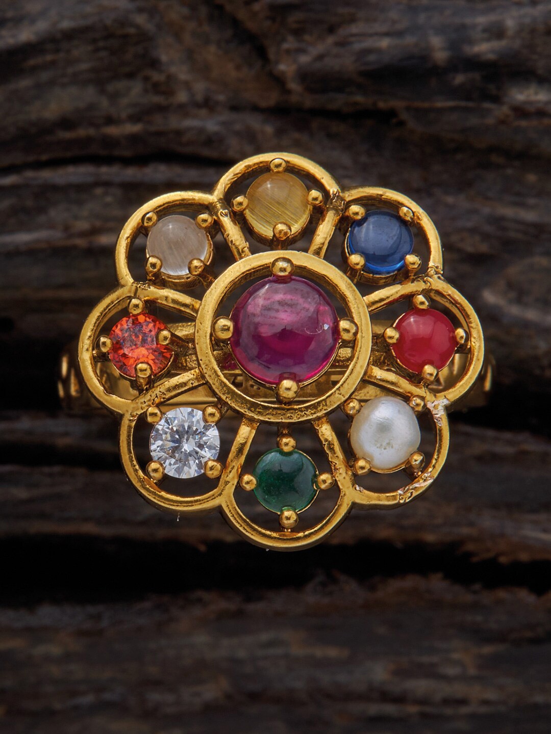 

Kushal's Fashion Jewellery Gold-Plated Navaratna Stone-Studded Adjustable Finger Ring