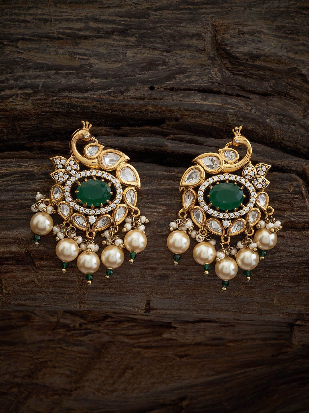 

Kushal's Fashion Jewellery Peacock Shaped Kundan Studded Drop Earrings, Gold