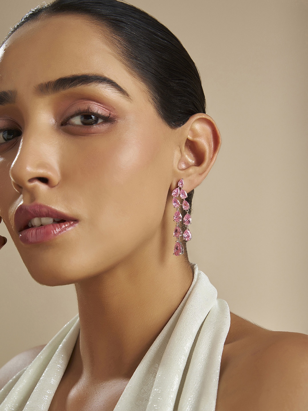 

Kushal's Fashion Jewellery Classic Rhodium-Plated Cubic Zirconia Studded Drop Earrings, Silver