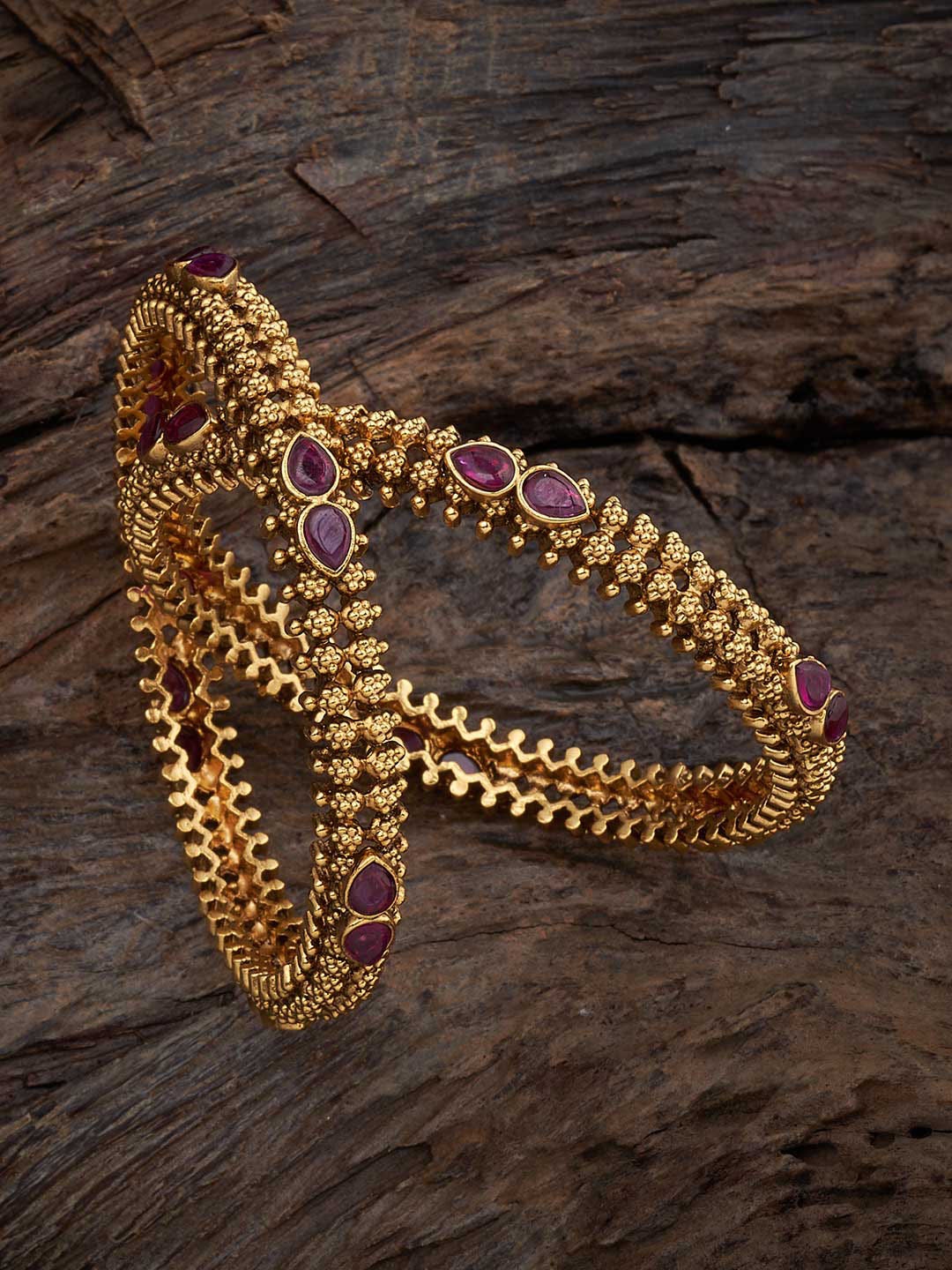 

Kushal's Fashion Jewellery Set Of 2 Gold-Plated Ruby Studded Antique Bangles