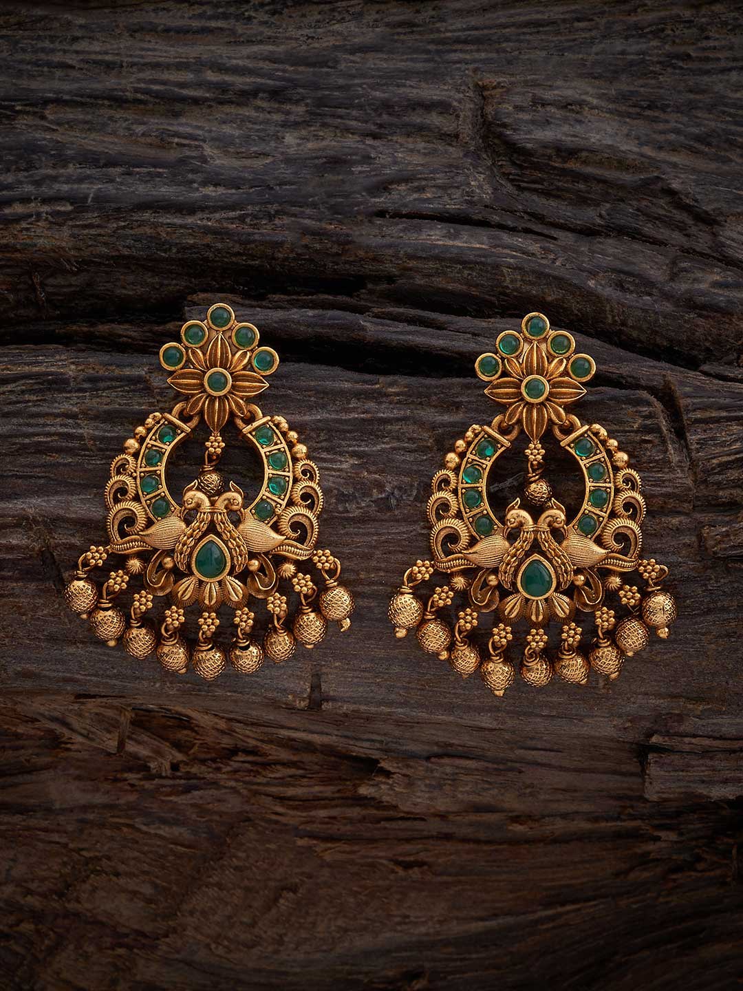 

Kushal's Fashion Jewellery Gold-Plated Stones Studded Peacock Shaped Antique Drop Earrings