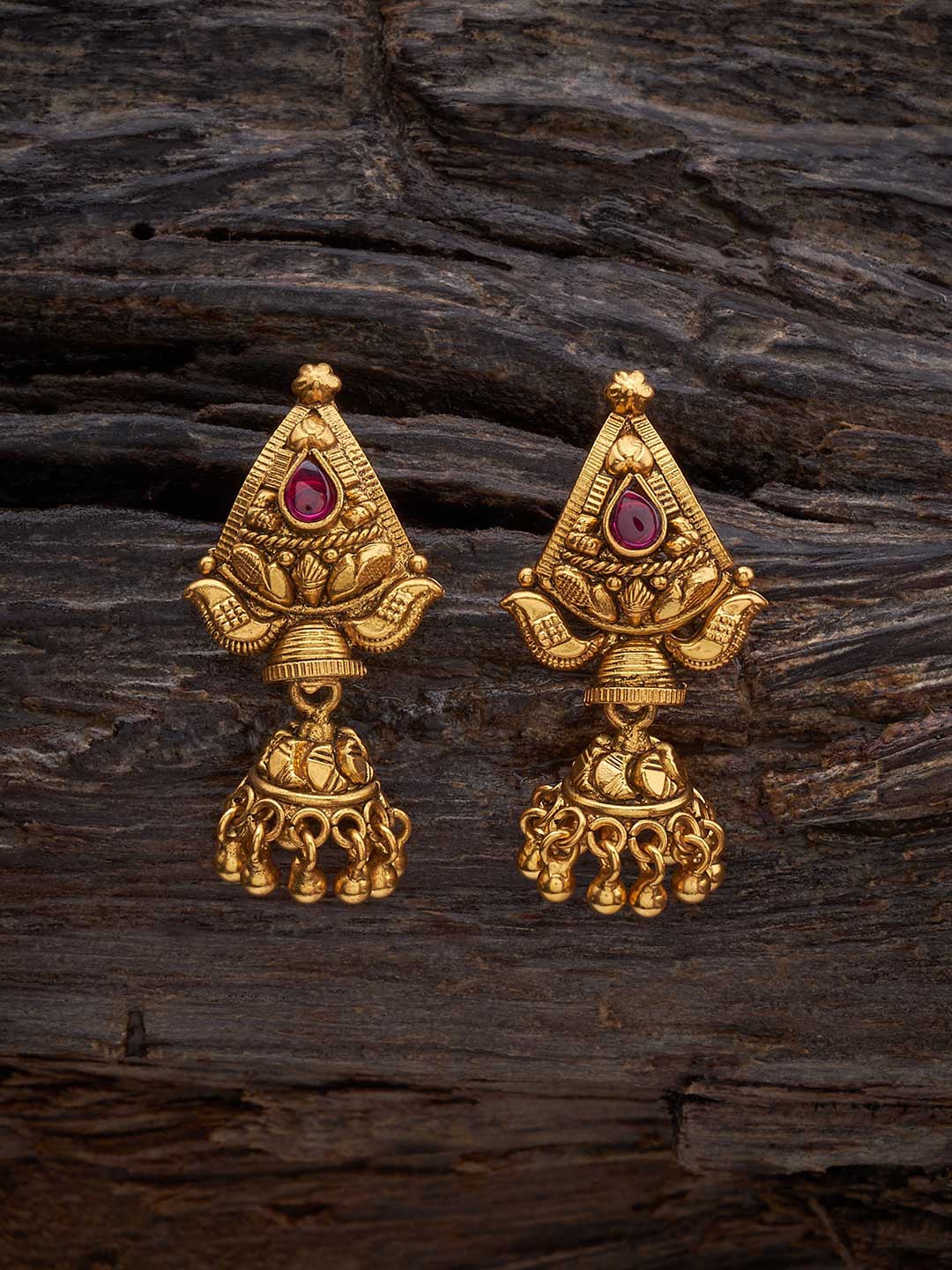 

Kushal's Fashion Jewellery Gold-Plated 92.5 Pure Silver Dome Shaped Jhumkas, Red