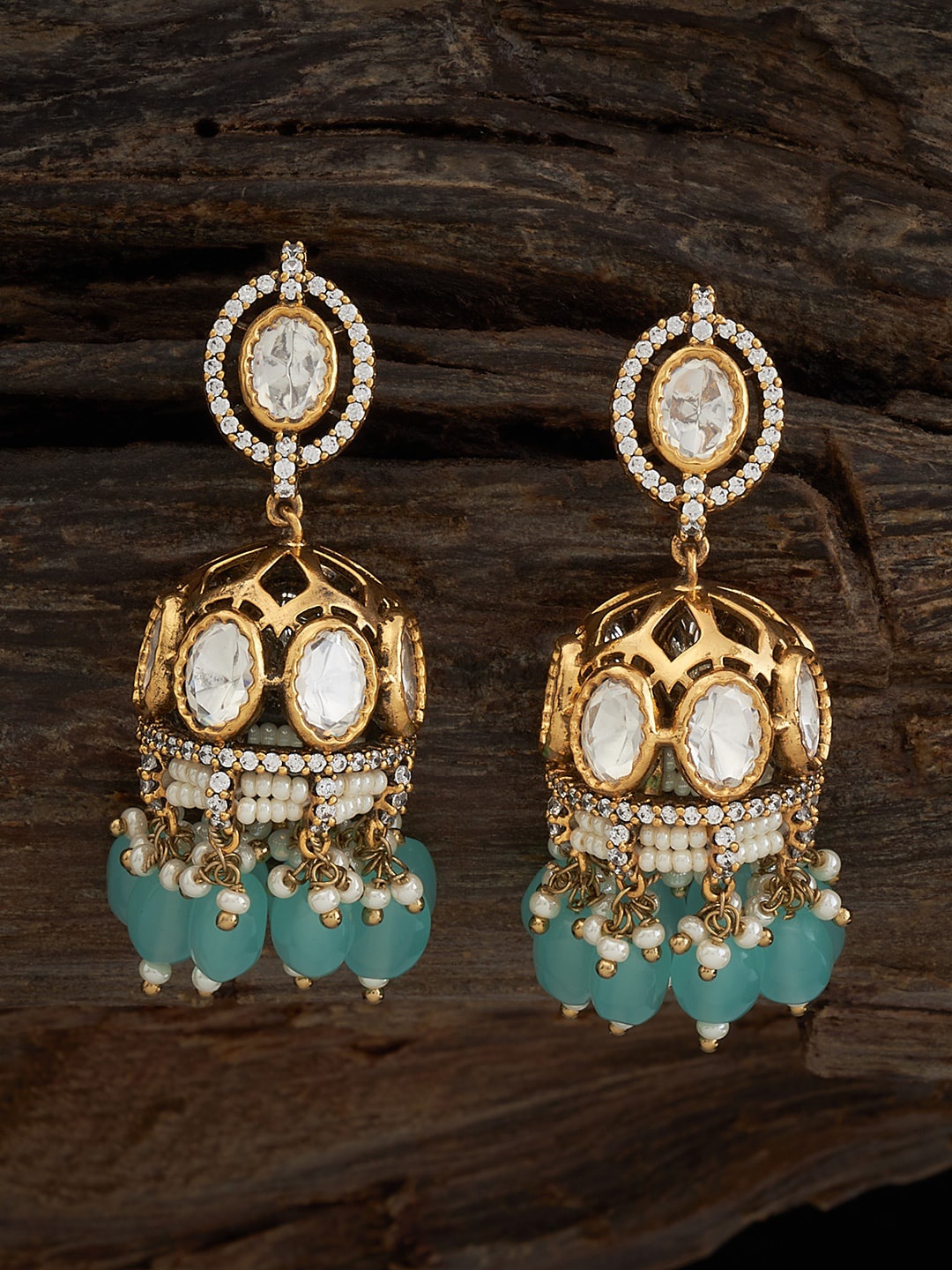 

Kushal's Fashion Jewellery Kundan Dome Shaped Jhumkas, Sea green