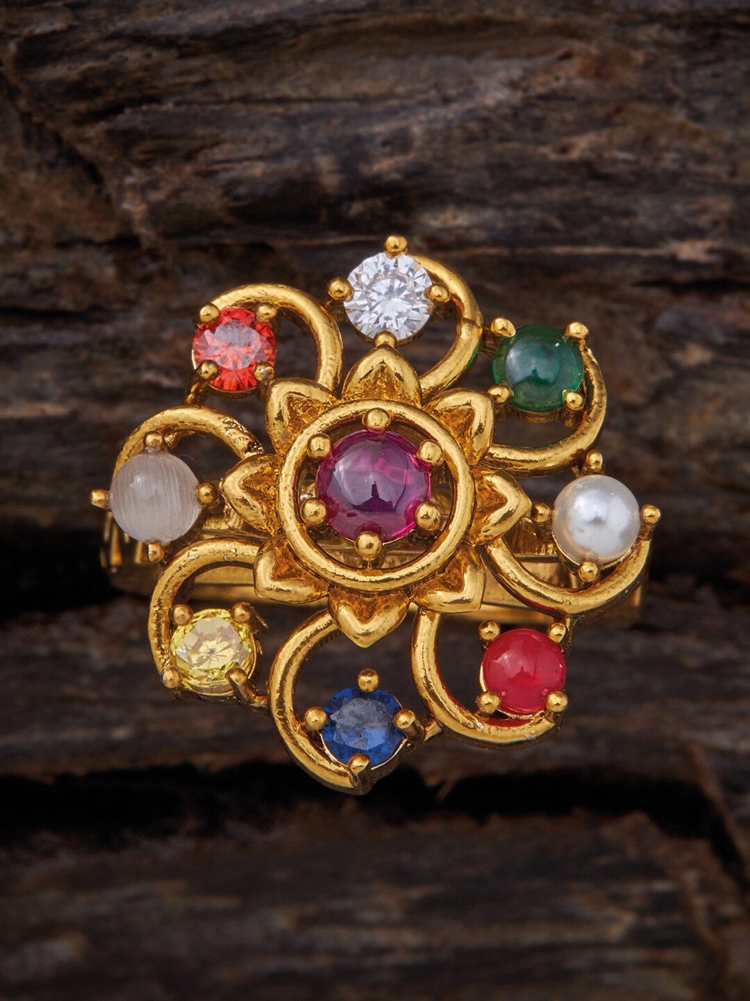 

Kushal's Fashion Jewellery Gold-Plated Navaratna Stone-Studded Adjustable Finger Ring