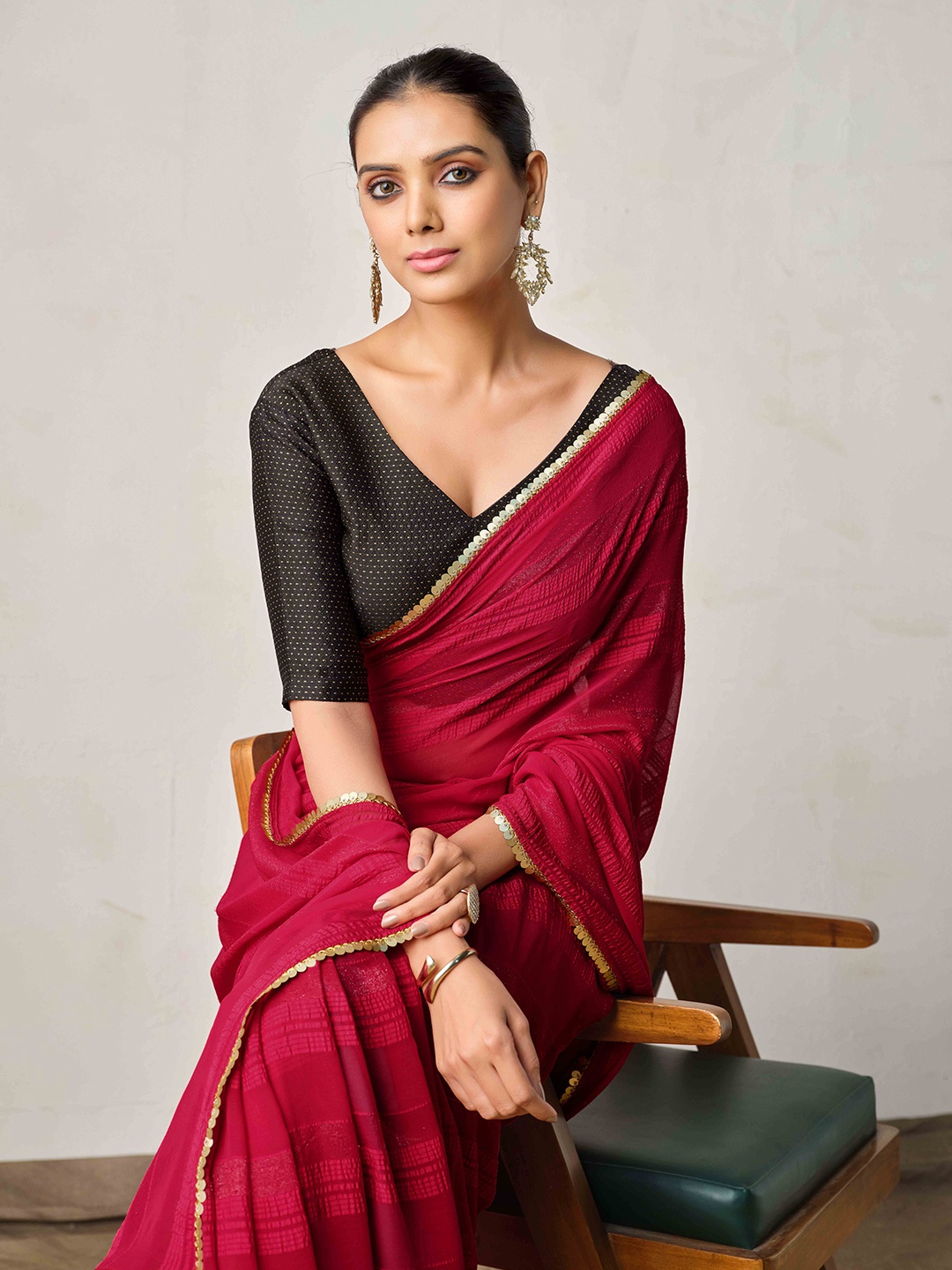 

Sangria Striped Woven Design Saree, Red