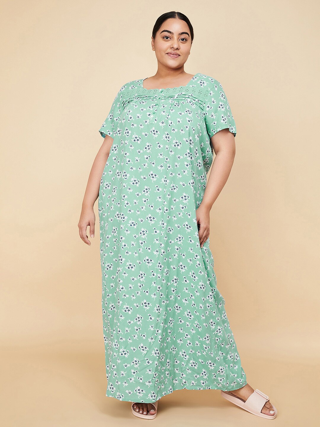 

max Plus Size Floral Printed Square Neck Maxi Nightdress, Green