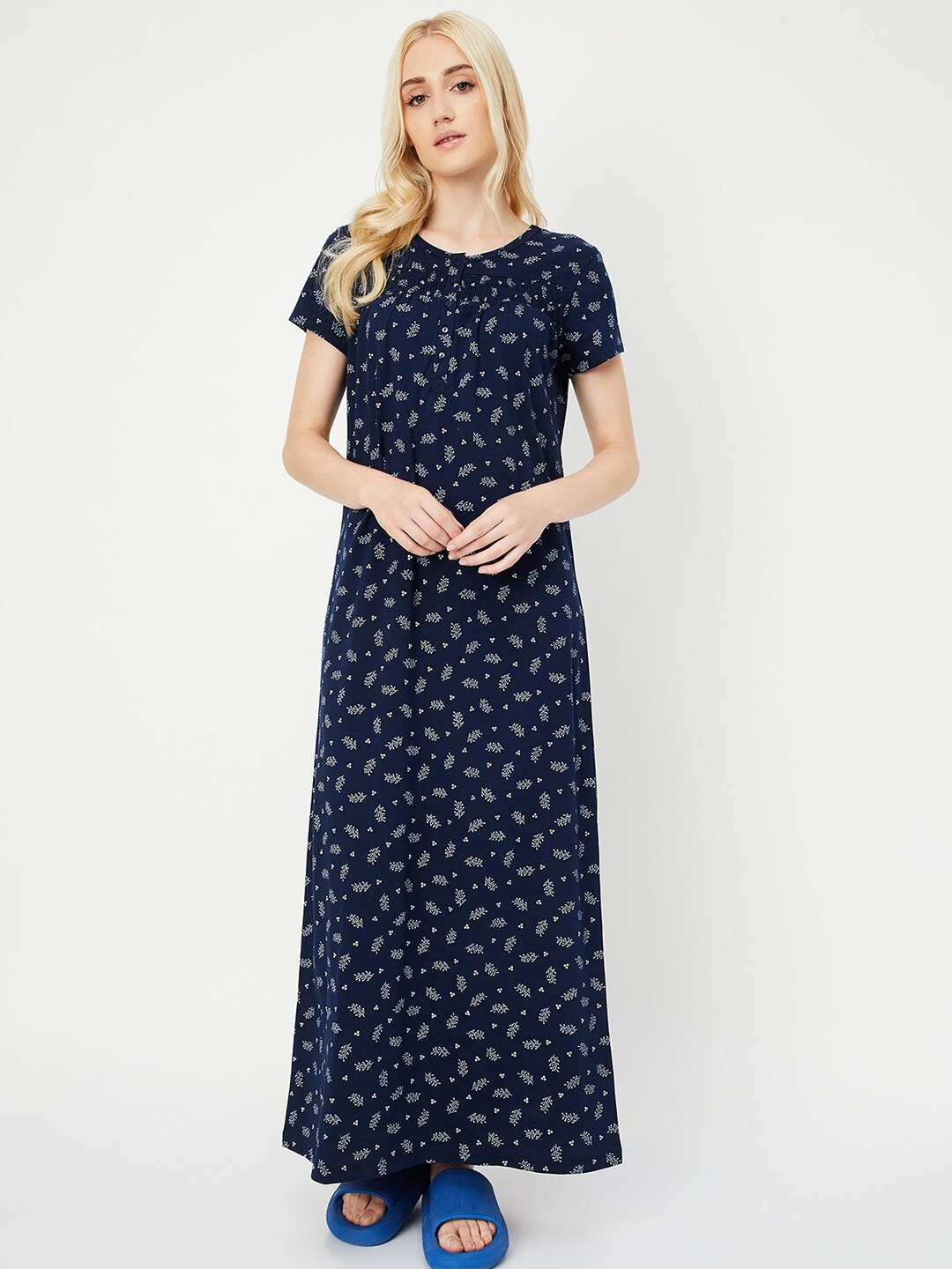 

max Floral Printed Pure Cotton Maxi Nightdress, Navy blue