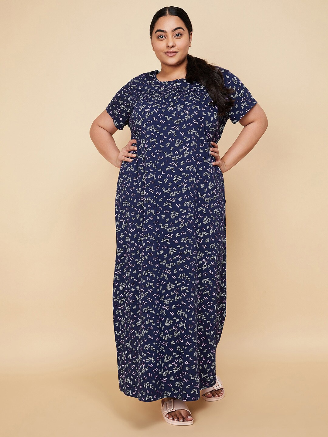 

max Plus Size Floral Printed Pure Cotton Maxi Nightdress, Navy blue