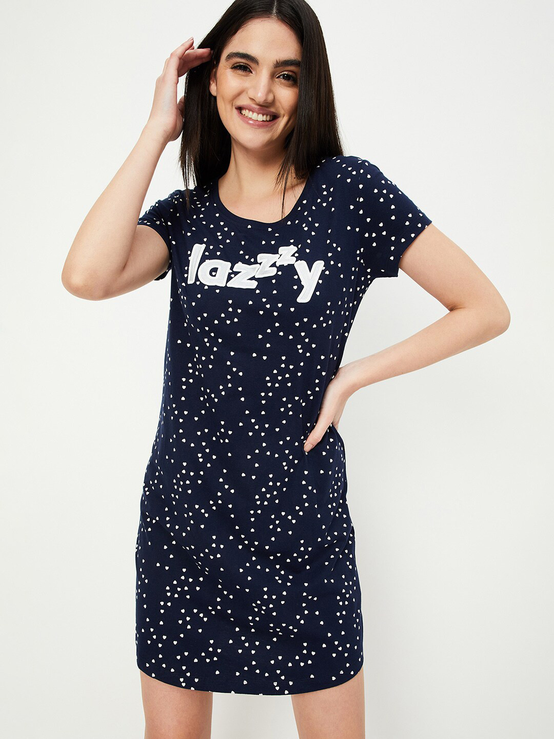 

max Conversational Printed Pure Cotton T-shirt Nightdress, Navy blue