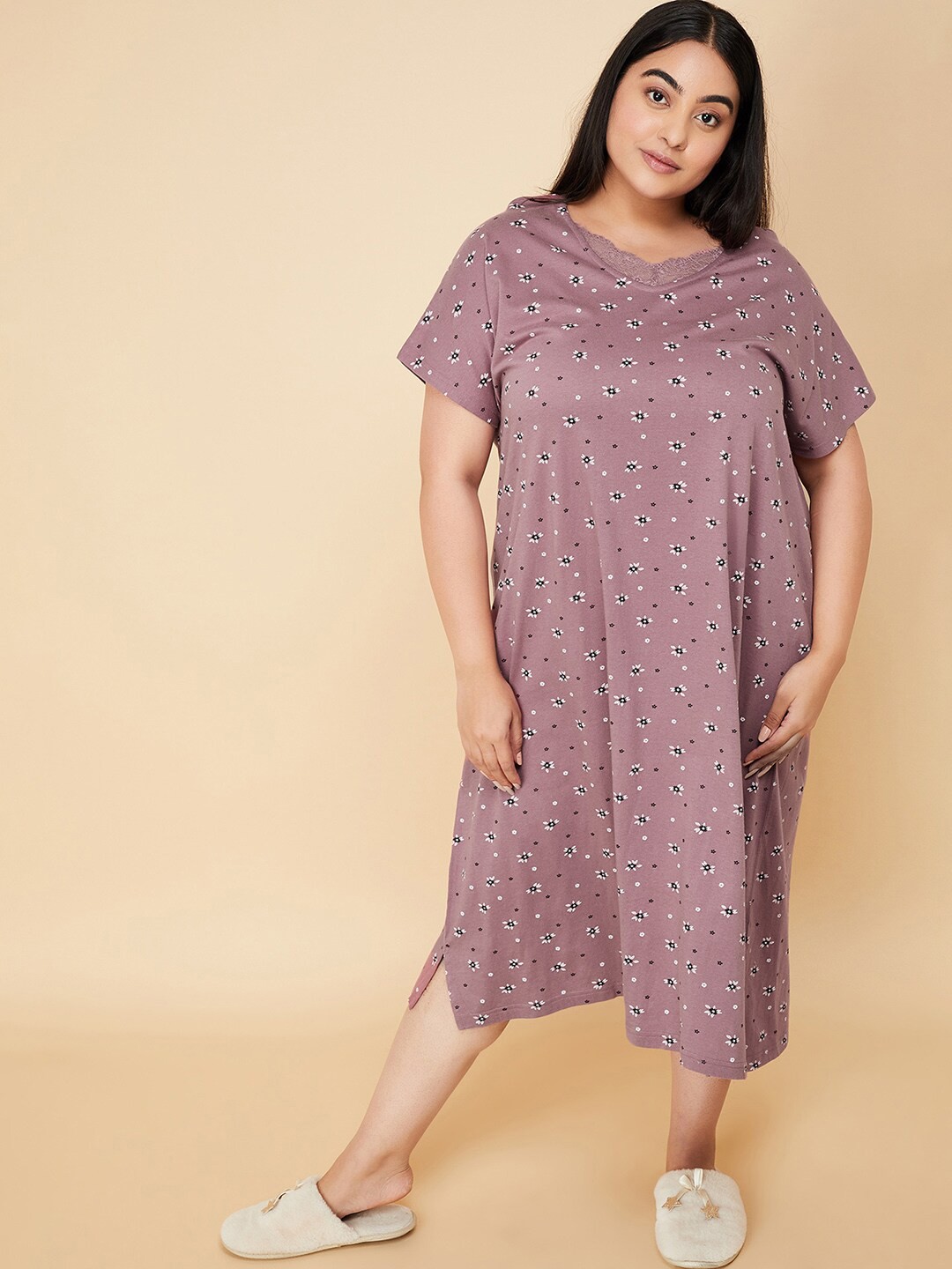 

max Plus Size Floral Printed Pure Cotton T-shirt Nightdress, Purple