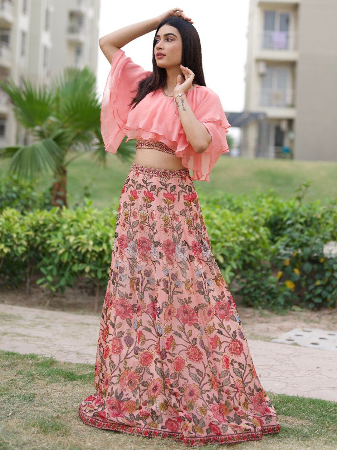 

ALIYANA Floral Printed Ready to Wear Lehenga With Blouse, Peach