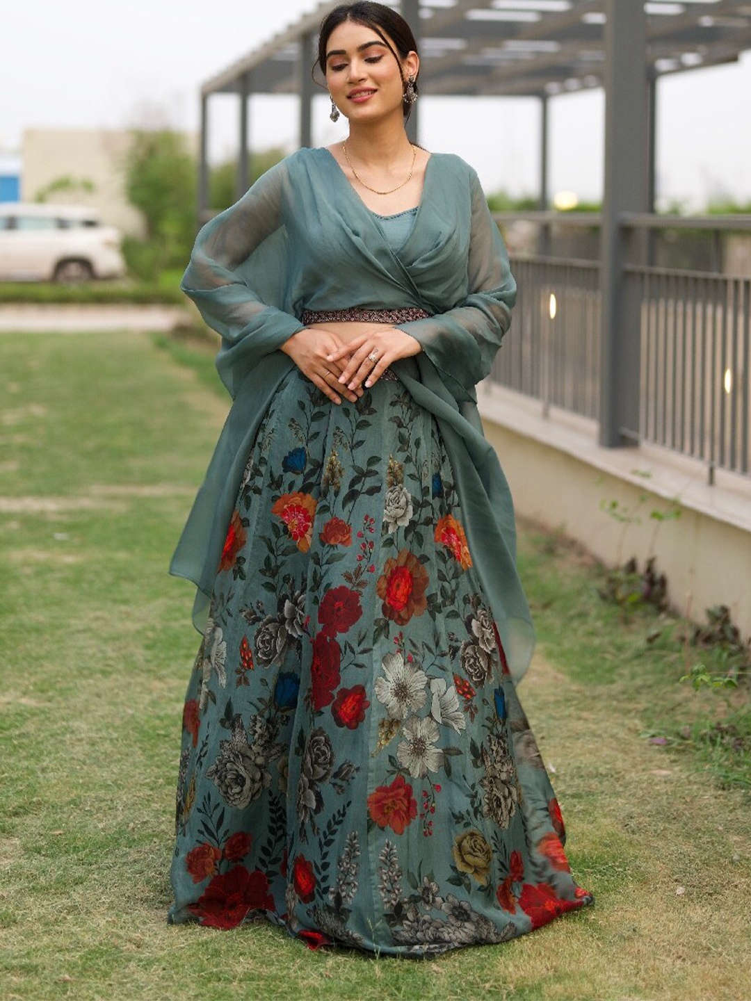 

ALIYANA Floral Printed Ready to Wear Lehenga With Blouse, Grey