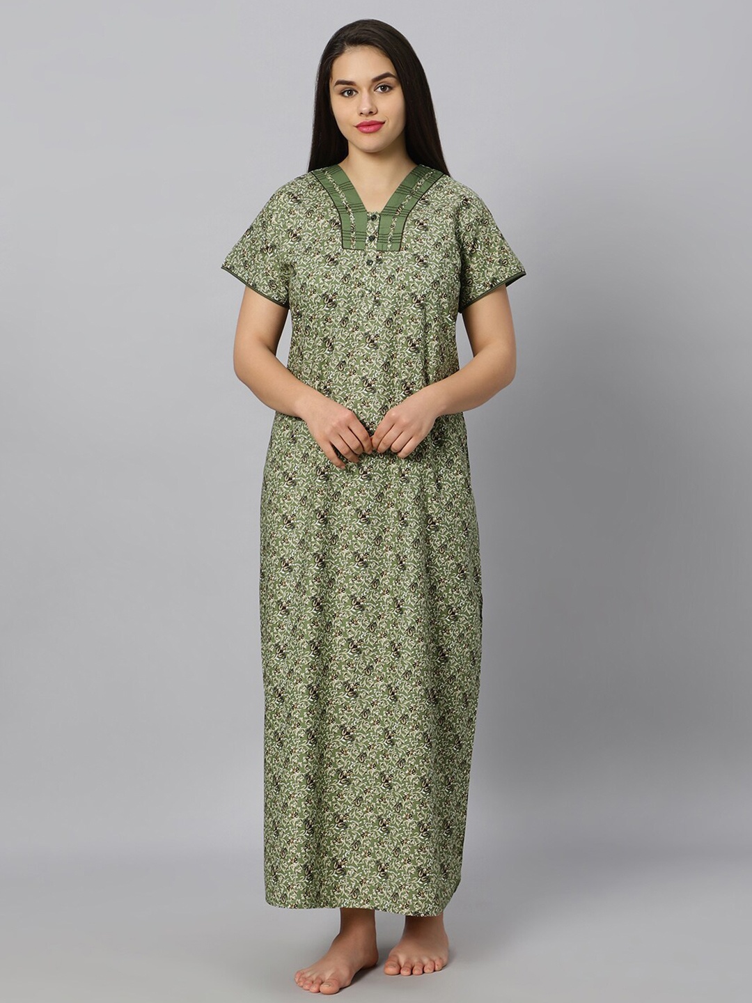 

QUIRA Ethnic Motifs Printed Maxi Nightdress, Green