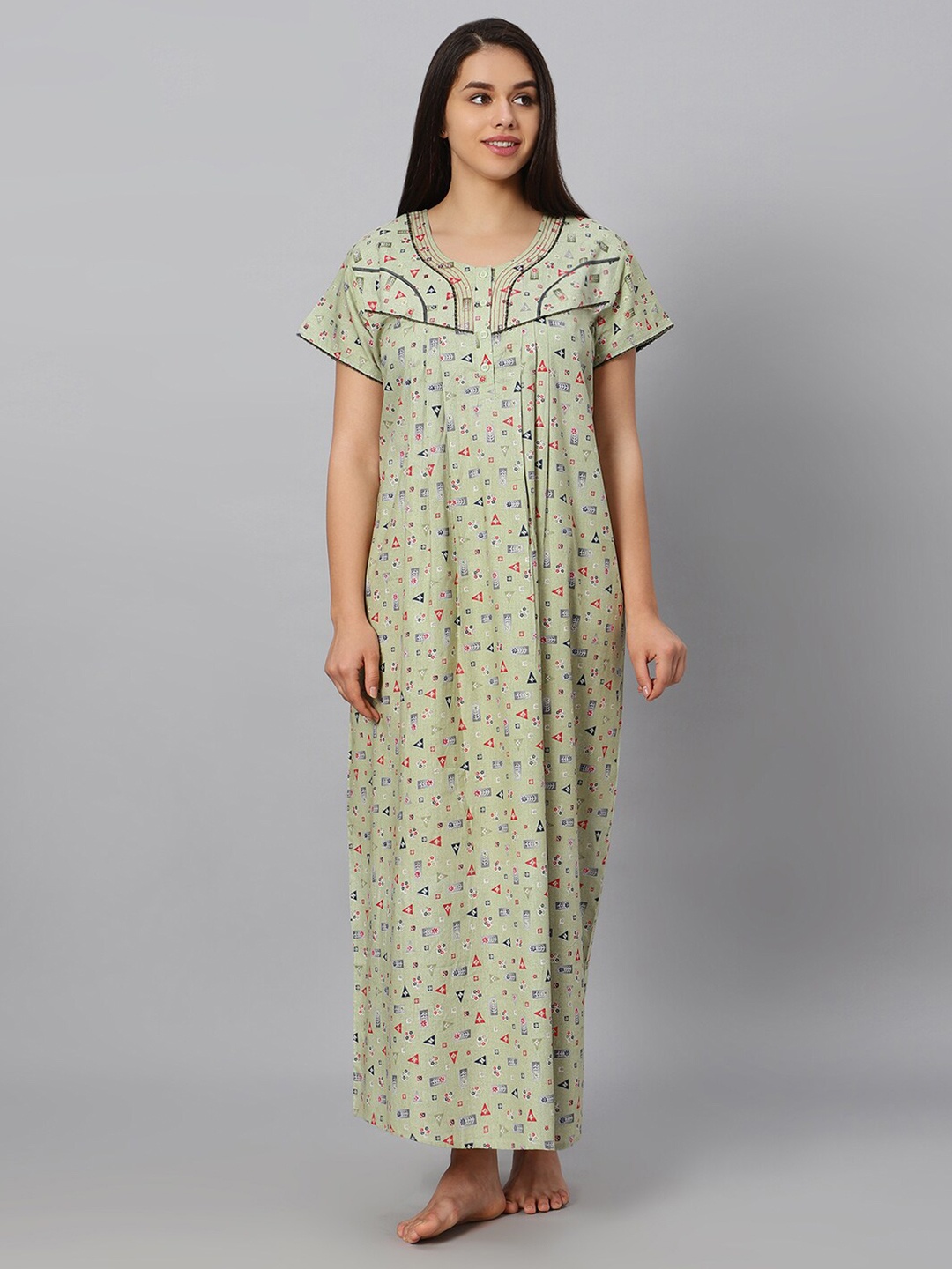 

QUIRA Floral Printed & Embroidered Maxi Nightdress, Green