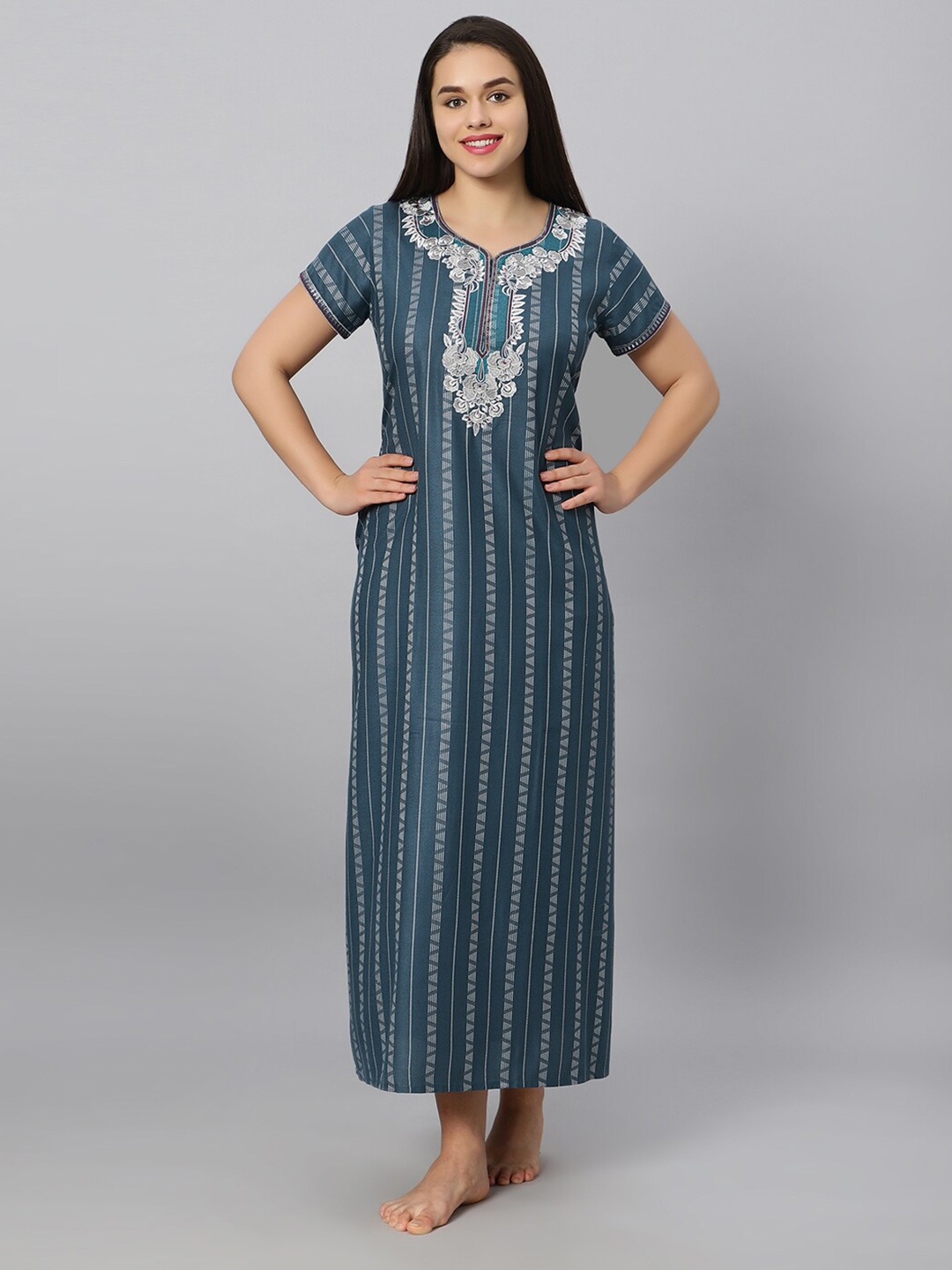 

QUIRA Floral Embroidered Maxi Nightdress, Blue