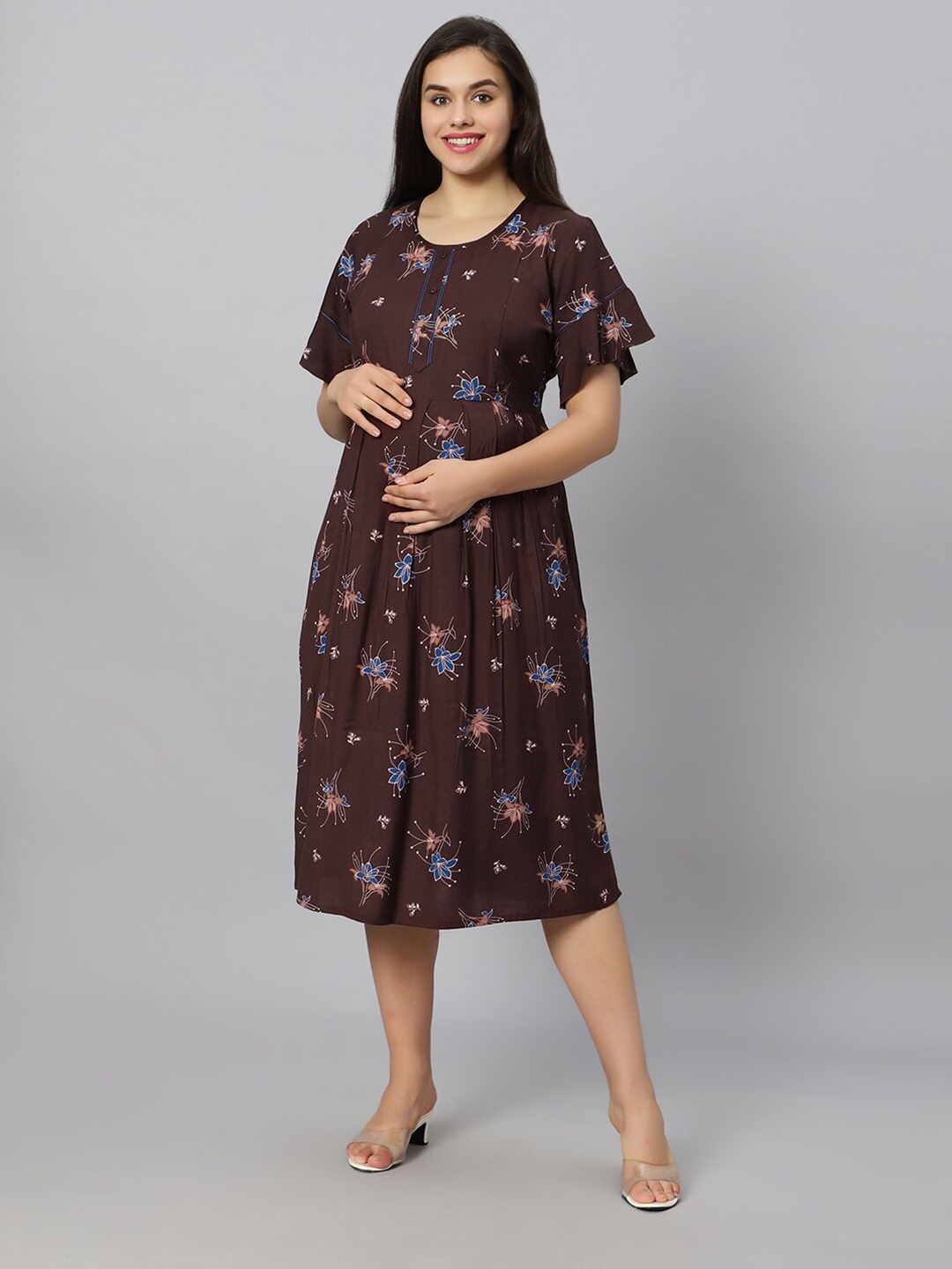 

QUIRA Floral Printed Midi Nightdress, Brown