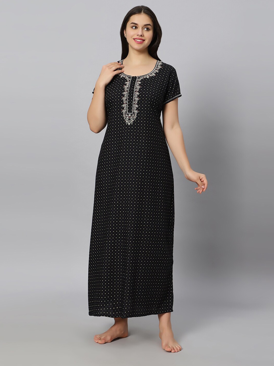 

QUIRA Polk Dots Printed Maxi Nightdress, Black