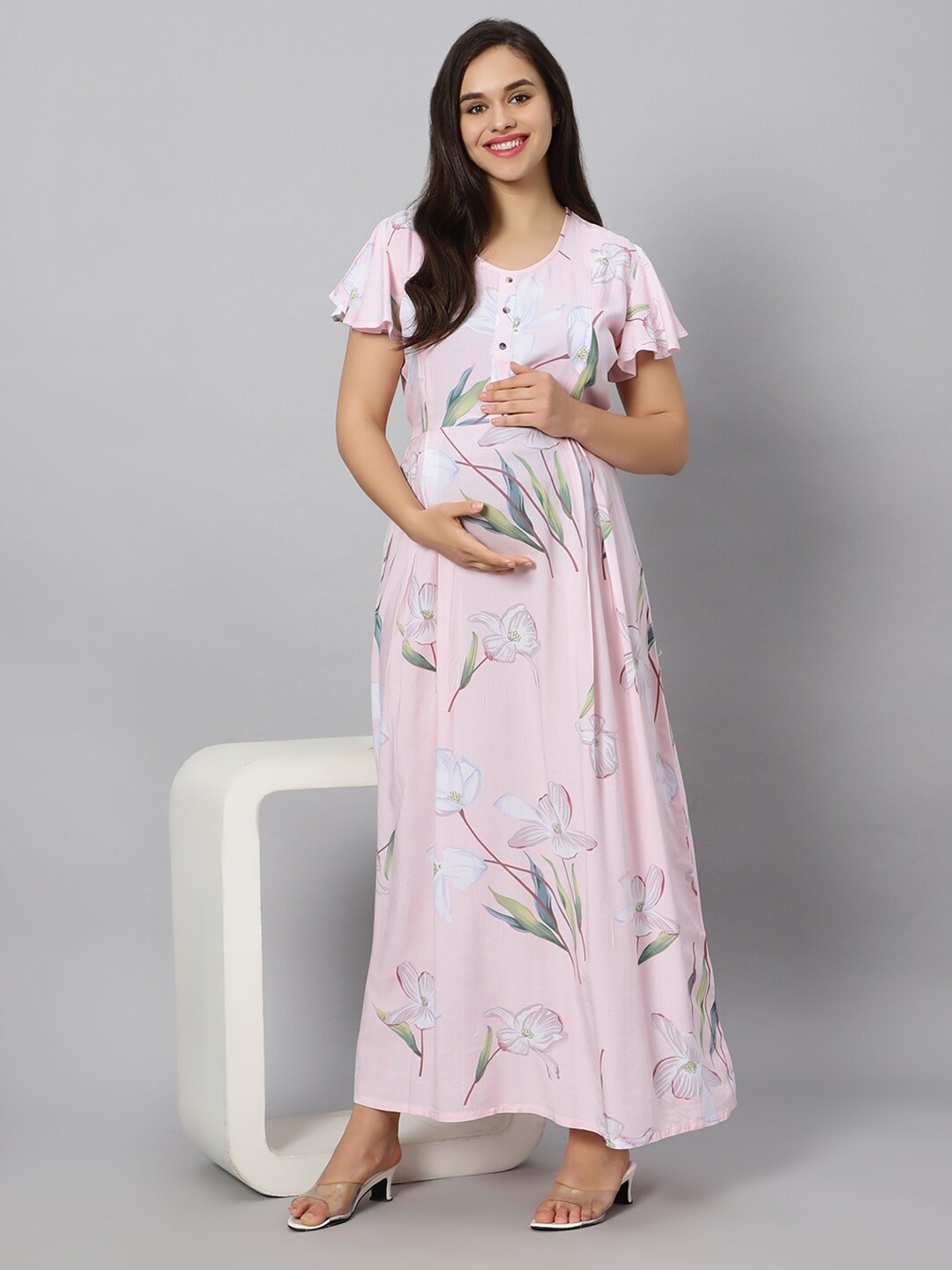 

QUIRA Floral Printed Maxi Maternity & Nursing Maxi Nightdress, Pink