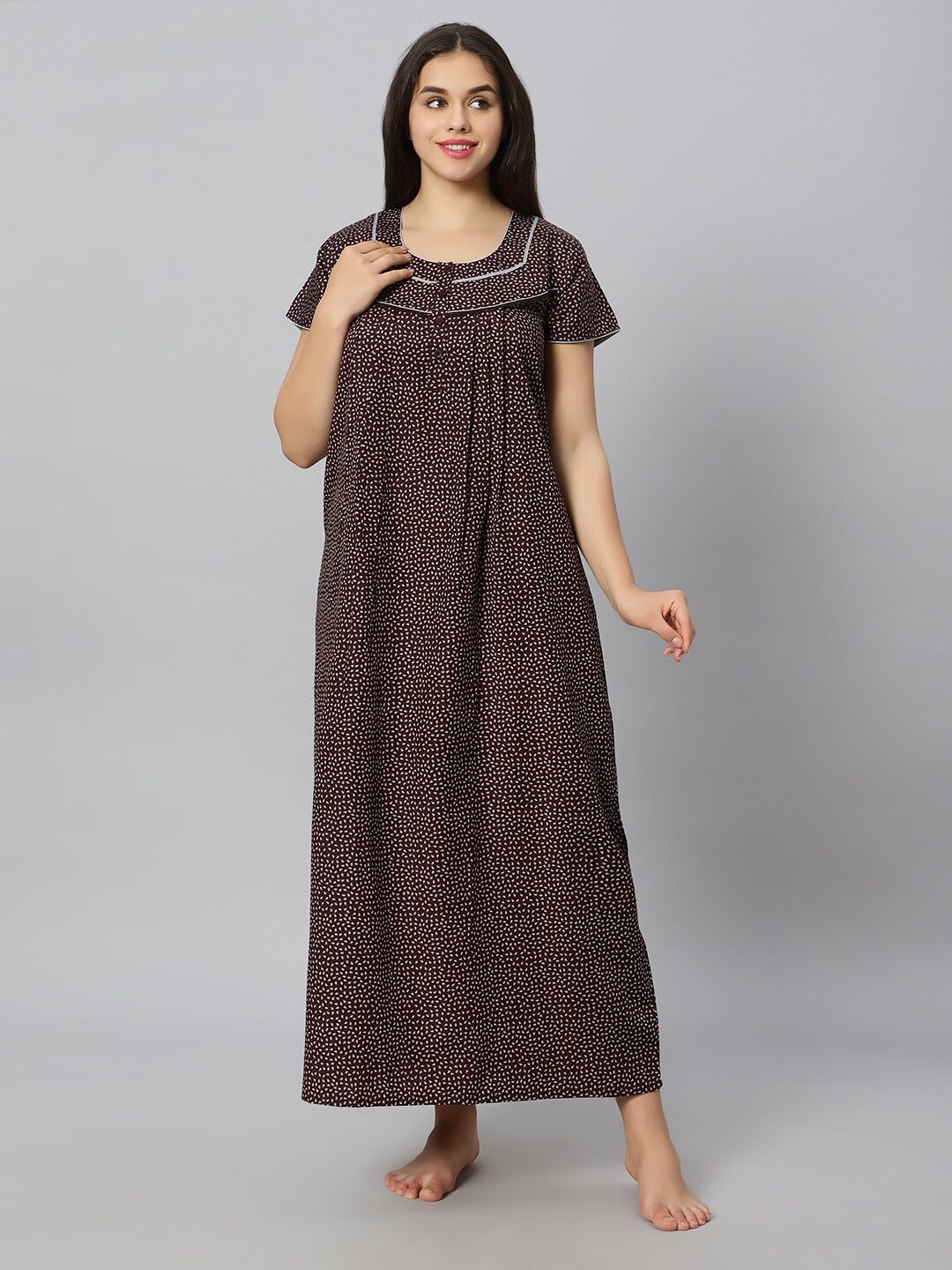 

QUIRA Floral Printed & Embroidered Maxi Nightdress, Brown