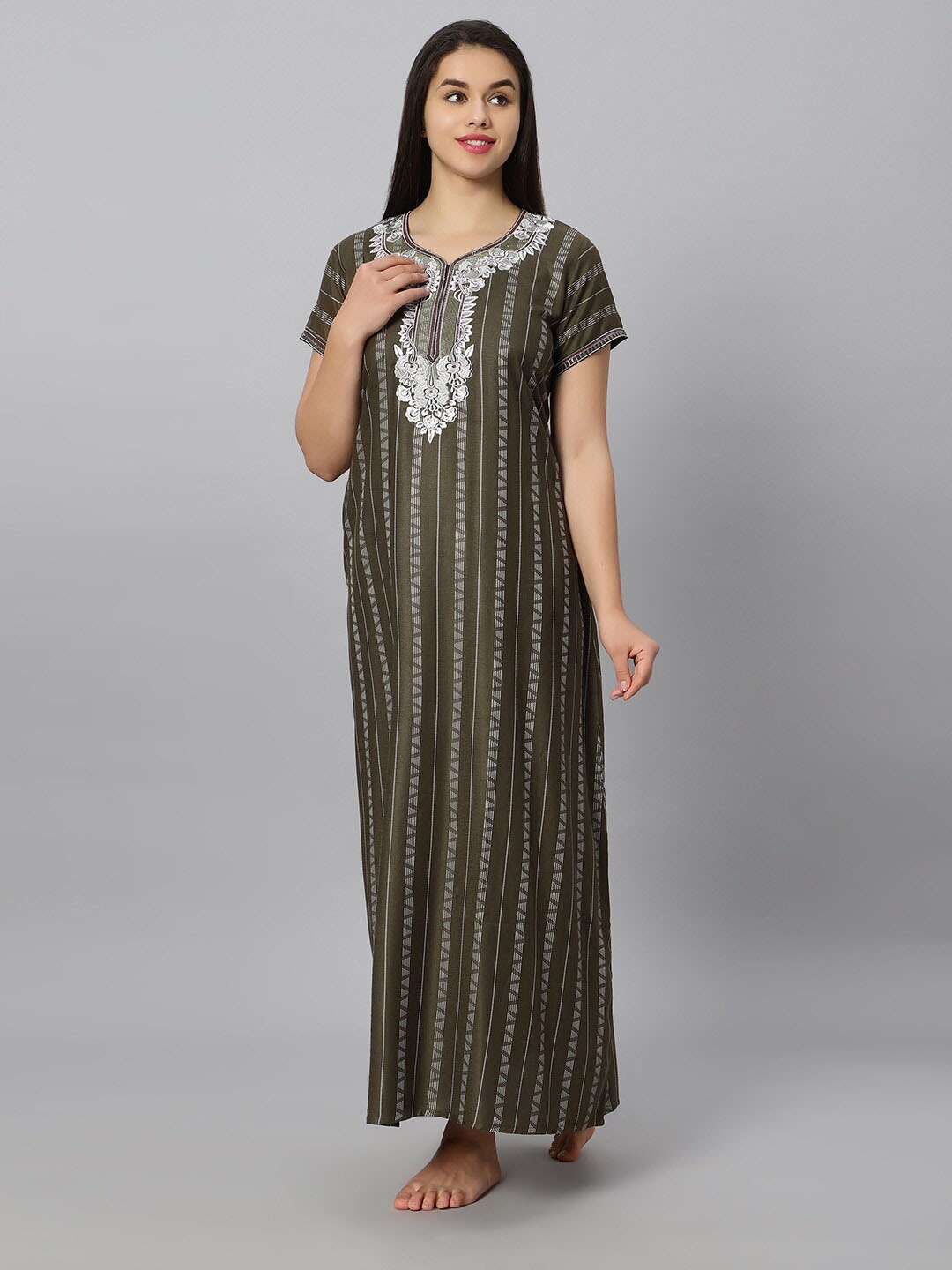 

QUIRA Printed Embroidered Maxi Nightdress, Green