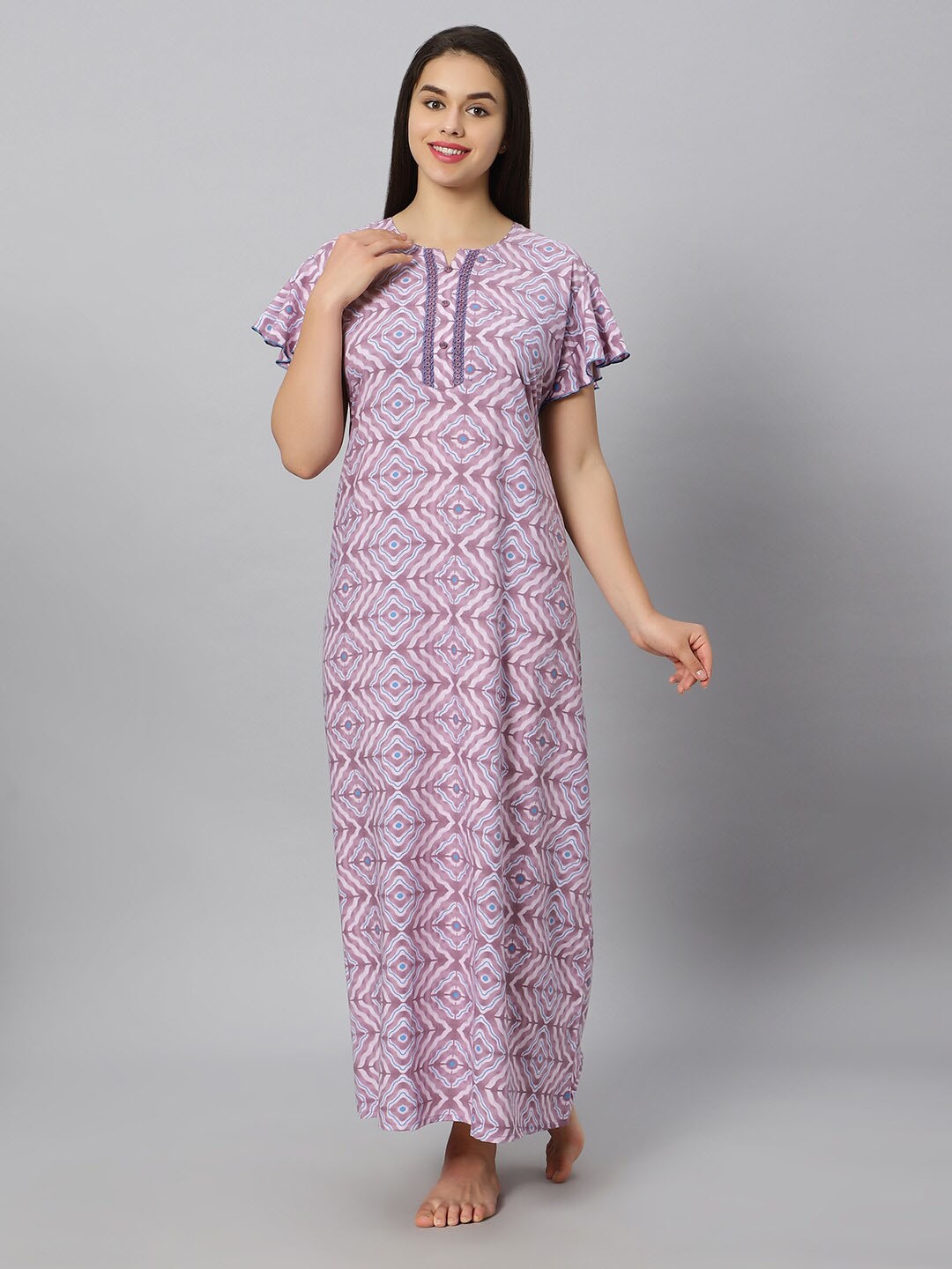

QUIRA Ethnic Motifs Printed Maxi Nightdress, Purple