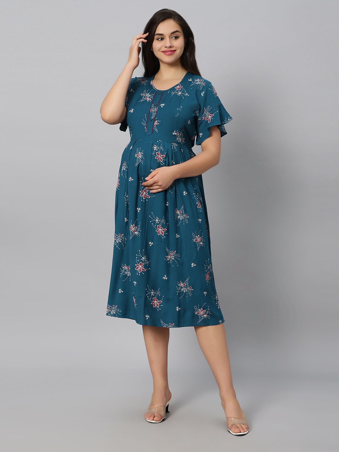 

QUIRA Floral Printed & Embroidered Maternity Nightdress, Blue