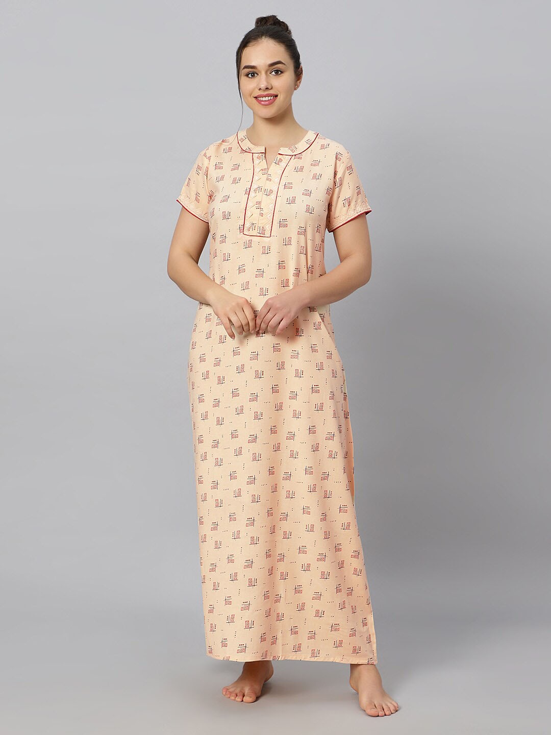 

QUIRA Geometric Printed Regular Fit Lace Detail Maxi Nightdress, Yellow