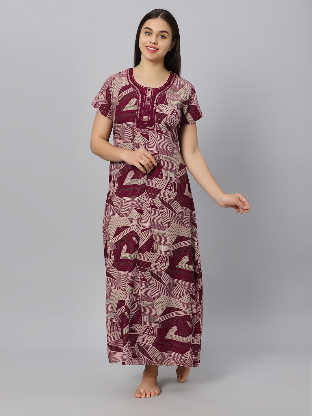 

QUIRA Abstract Printed & Embroidered Maxi Nightdress, Maroon