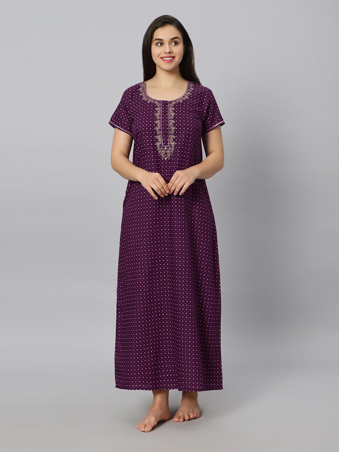 

QUIRA Polka Dot Printed & Embroidered Maxi Nightdress, Purple
