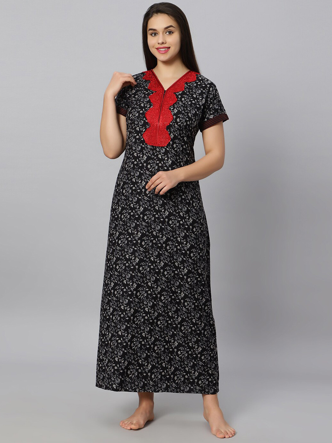 

QUIRA Floral Printed Lace Detail Maxi Nightdress, Black