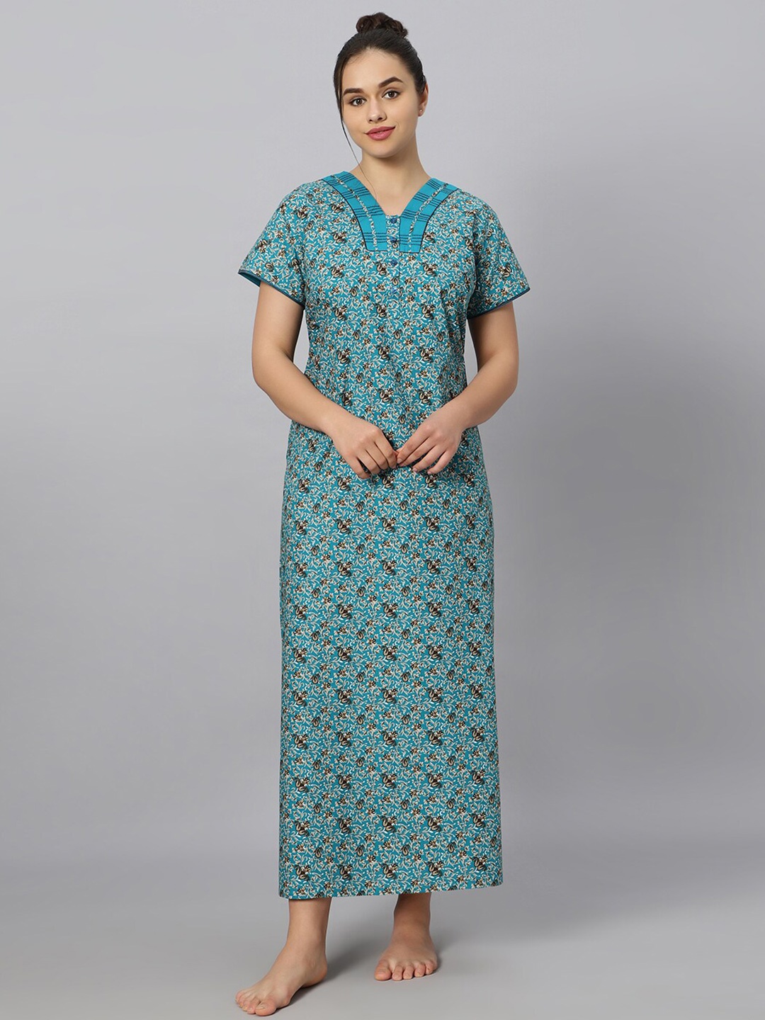 

QUIRA Ethnic Motifs Printed V-Neck Maxi Nightdress, Blue