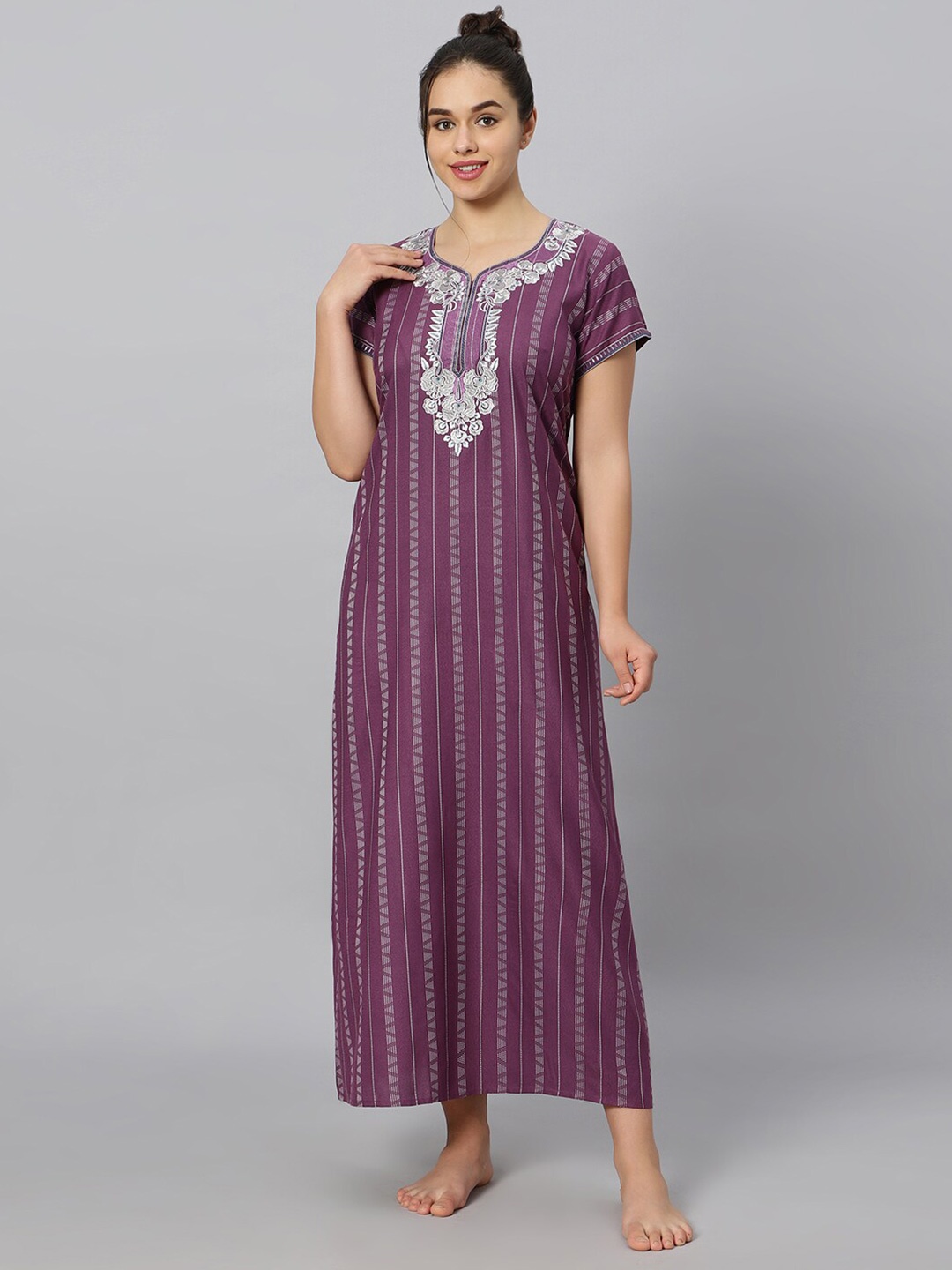 

QUIRA Striped Sweetheart Neck Embroidered Maxi Nightdress, Pink