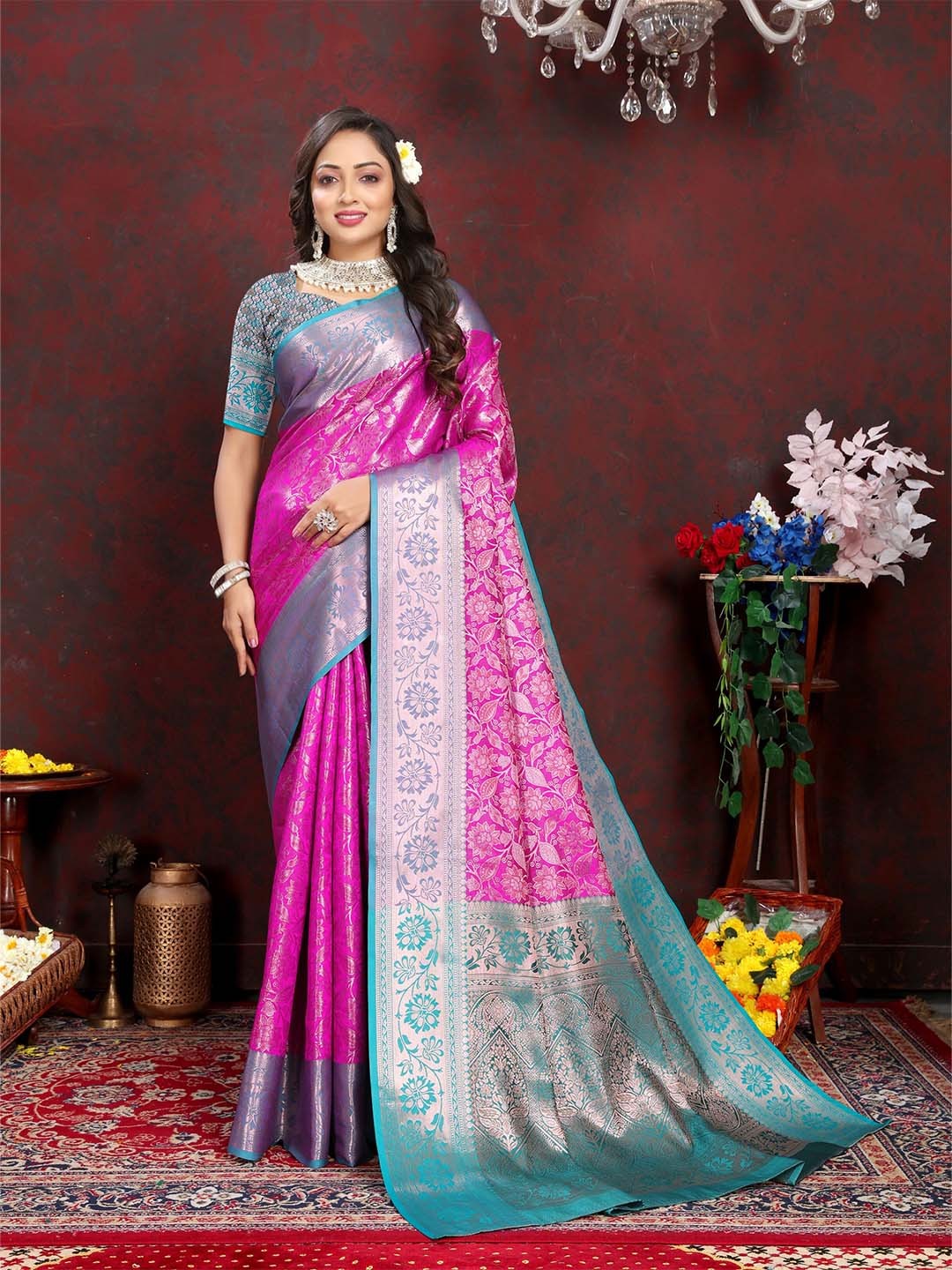

bansari textiles Floral Woven Design Zari Silk Cotton Banarasi Saree, Pink