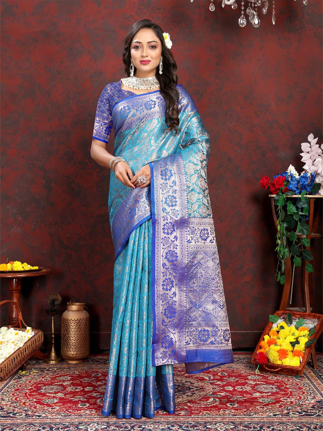 

bansari textiles Floral Woven Design Zari Silk Cotton Banarasi Saree, Turquoise blue