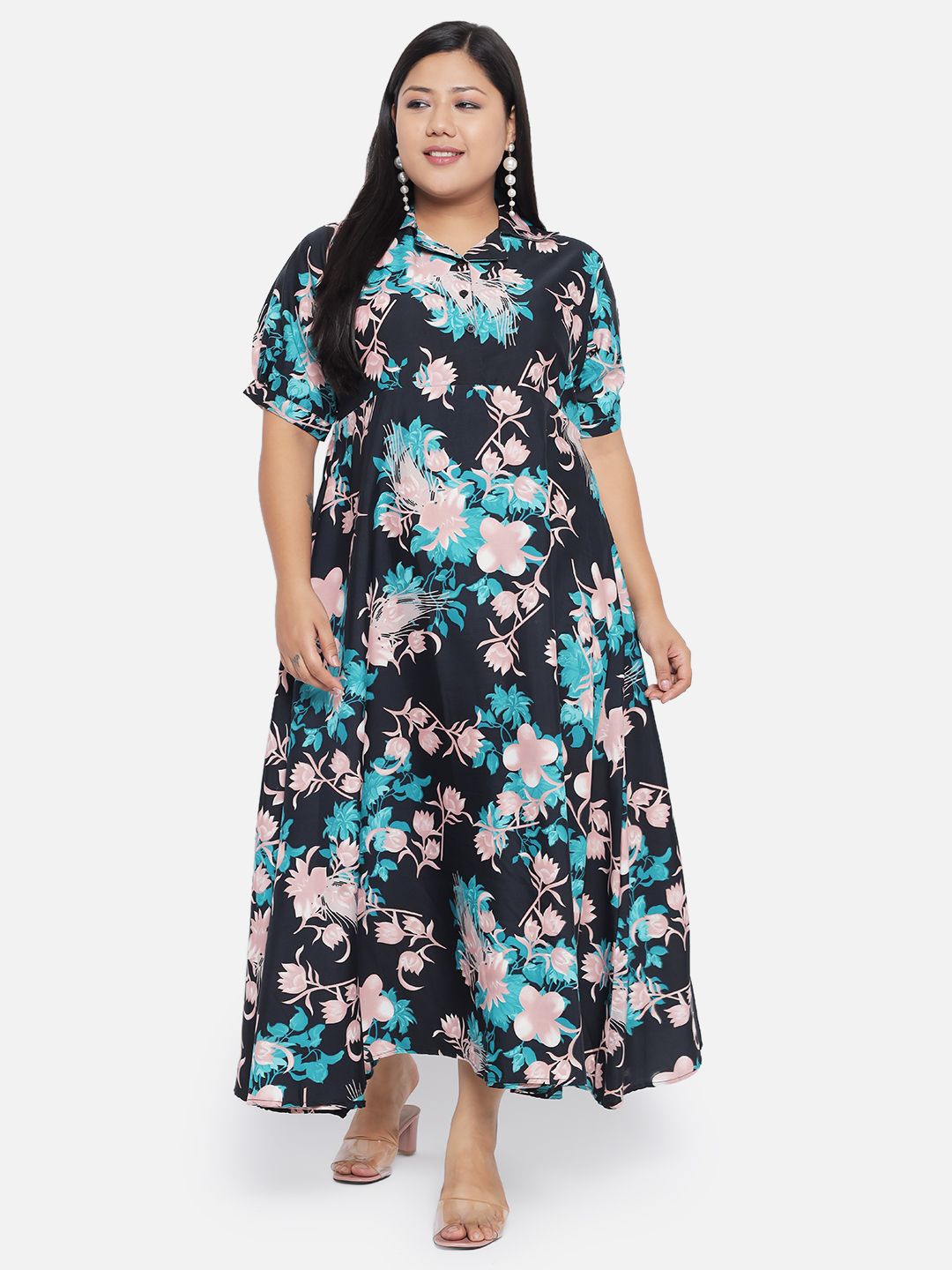 

Indietoga Women Plus Size Floral Print Fit And Flare Maxi Dress, Green