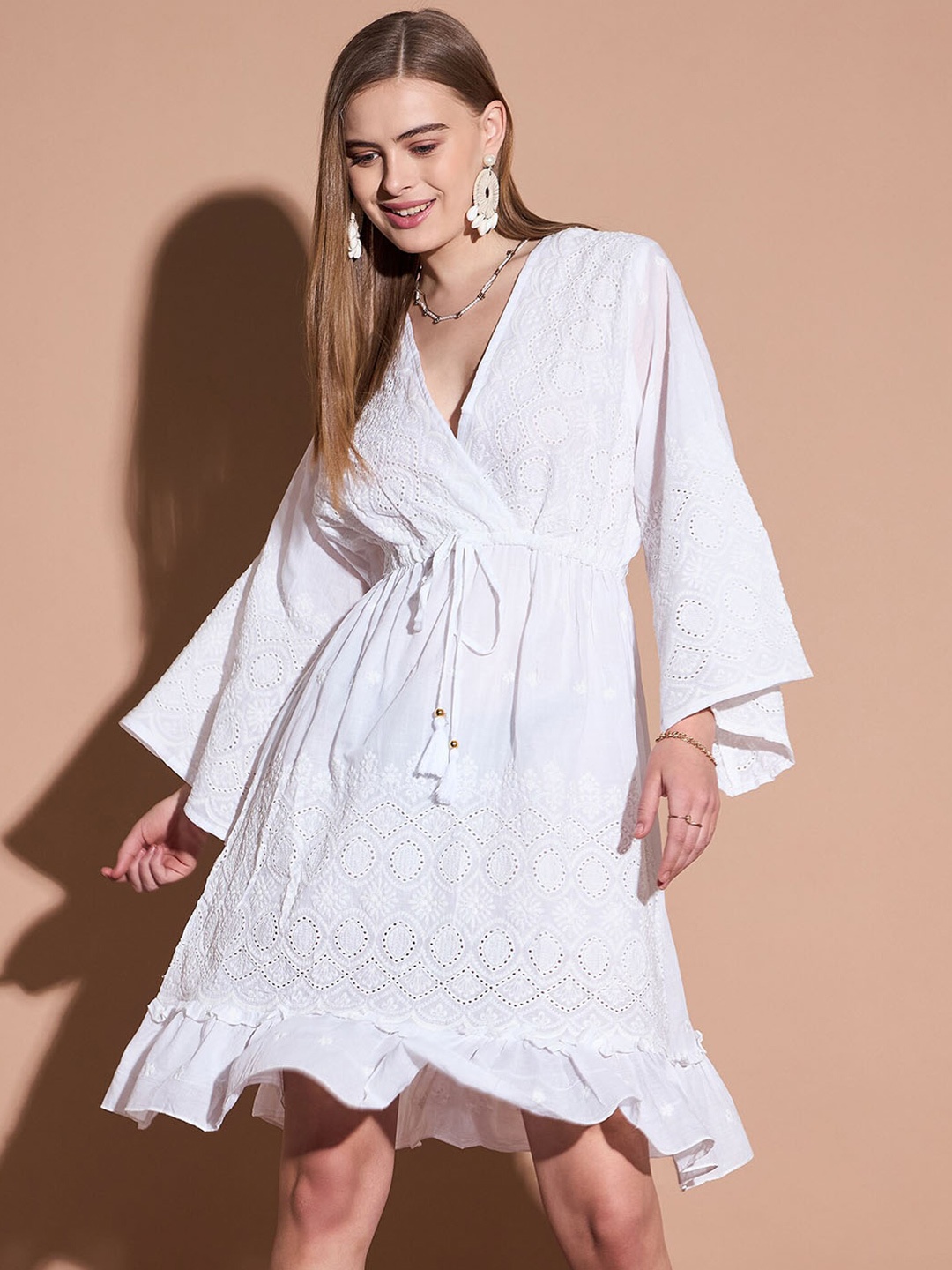 

DressBerry Schiffli Flared Sleeve Cotton Fit & Flare Dress, White