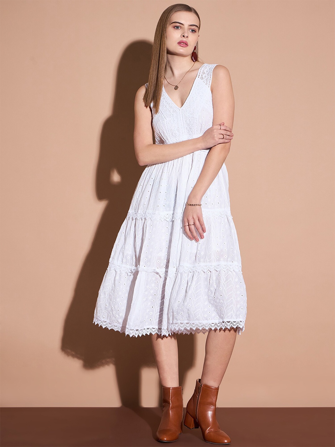 

DressBerry Schiffli Cotton Fit & Flare Dress, White