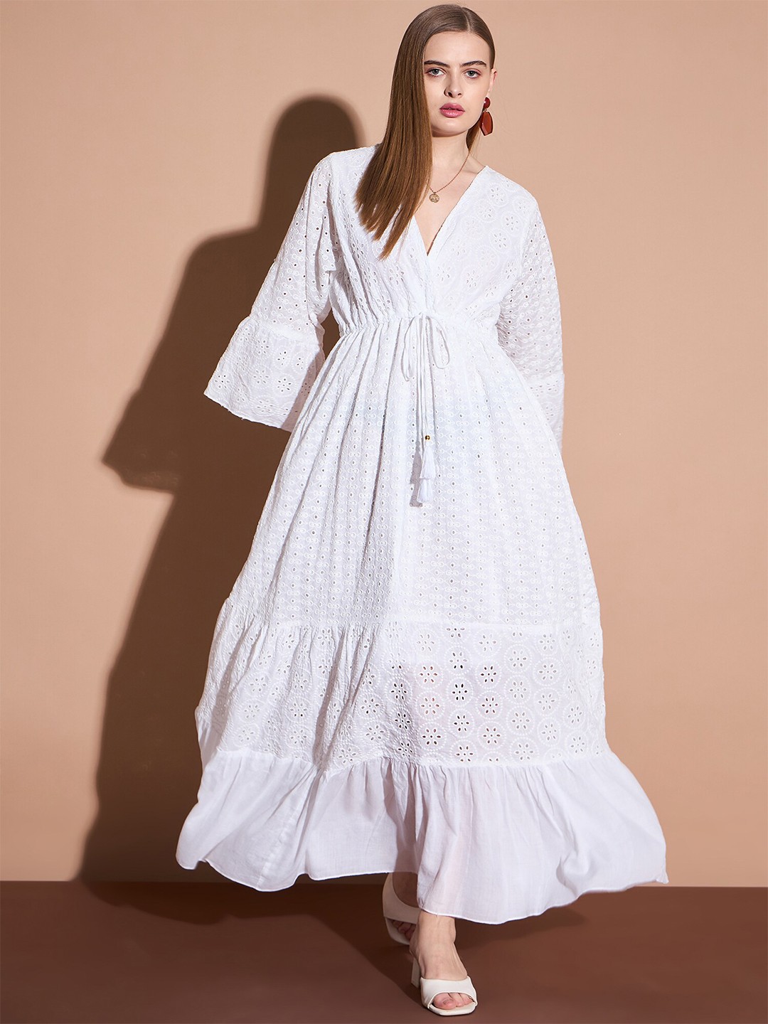 

DressBerry White V-Neck Self Design Cotton Maxi Dress