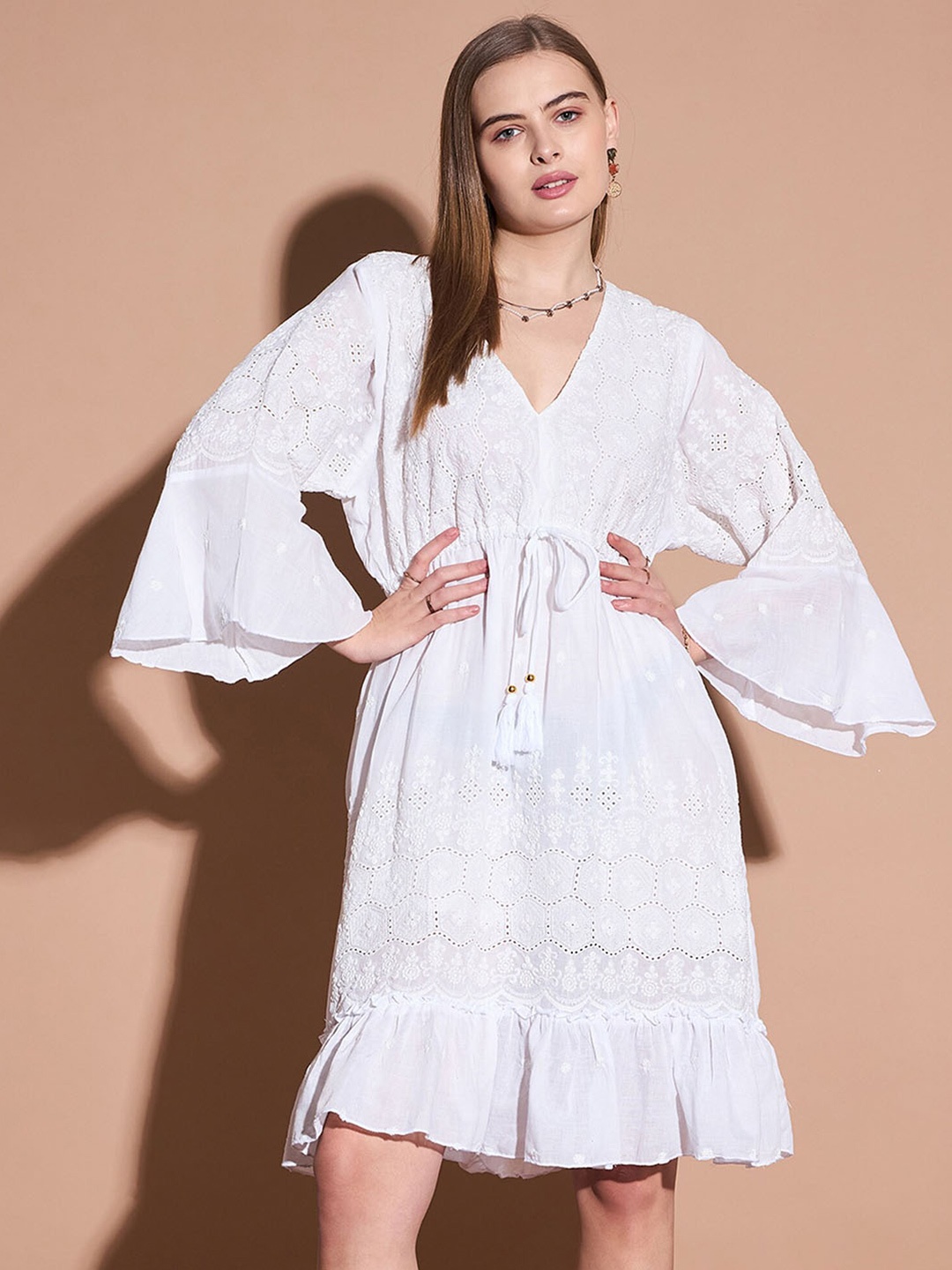 

DressBerry White V-Neck Cotton Bell Sleeve Fit & Flare Dress