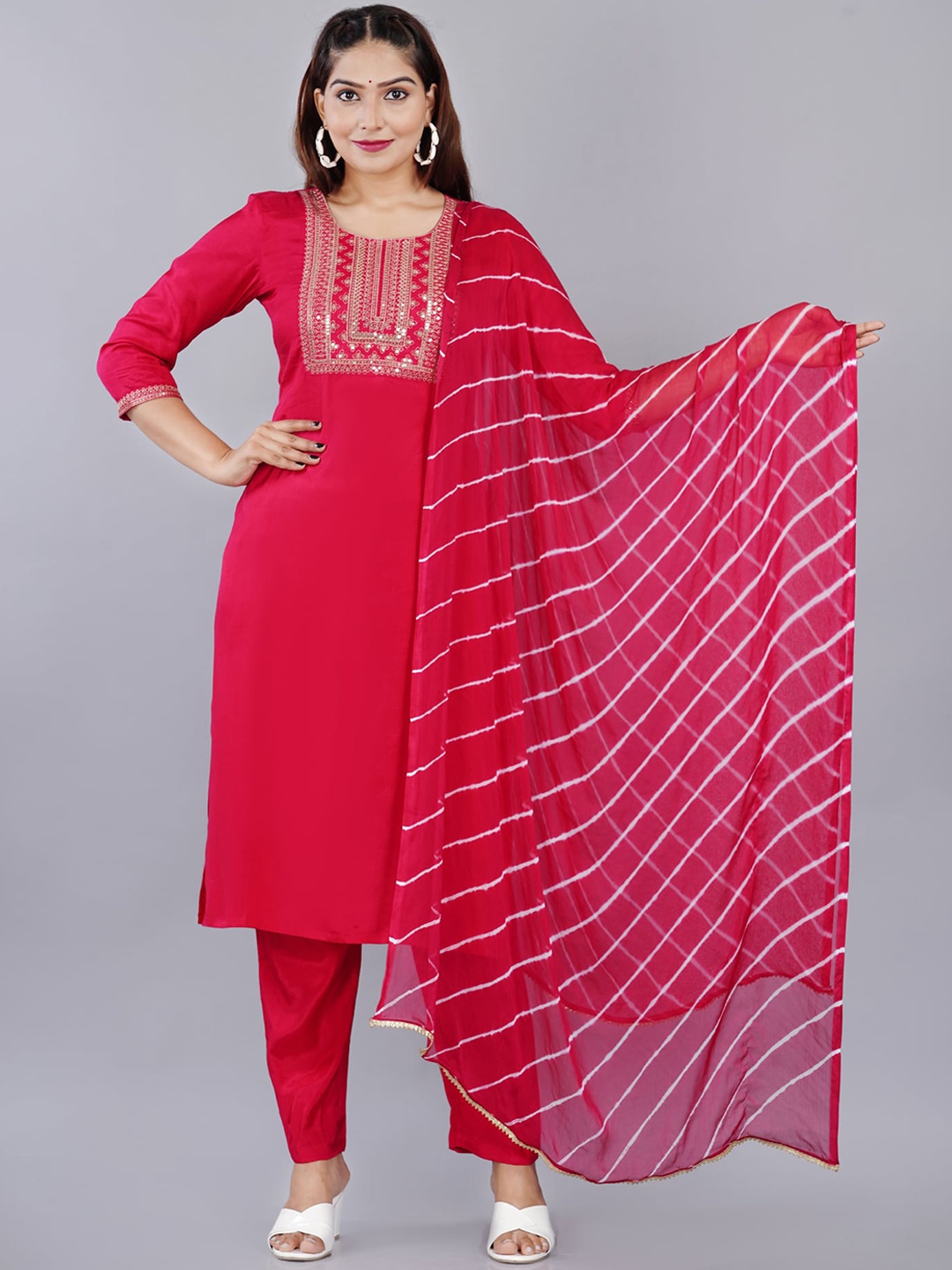 

BAESD Embroidered Round Neck Regular Sleeves Straight Kurta With Trousers & Dupatta, Pink