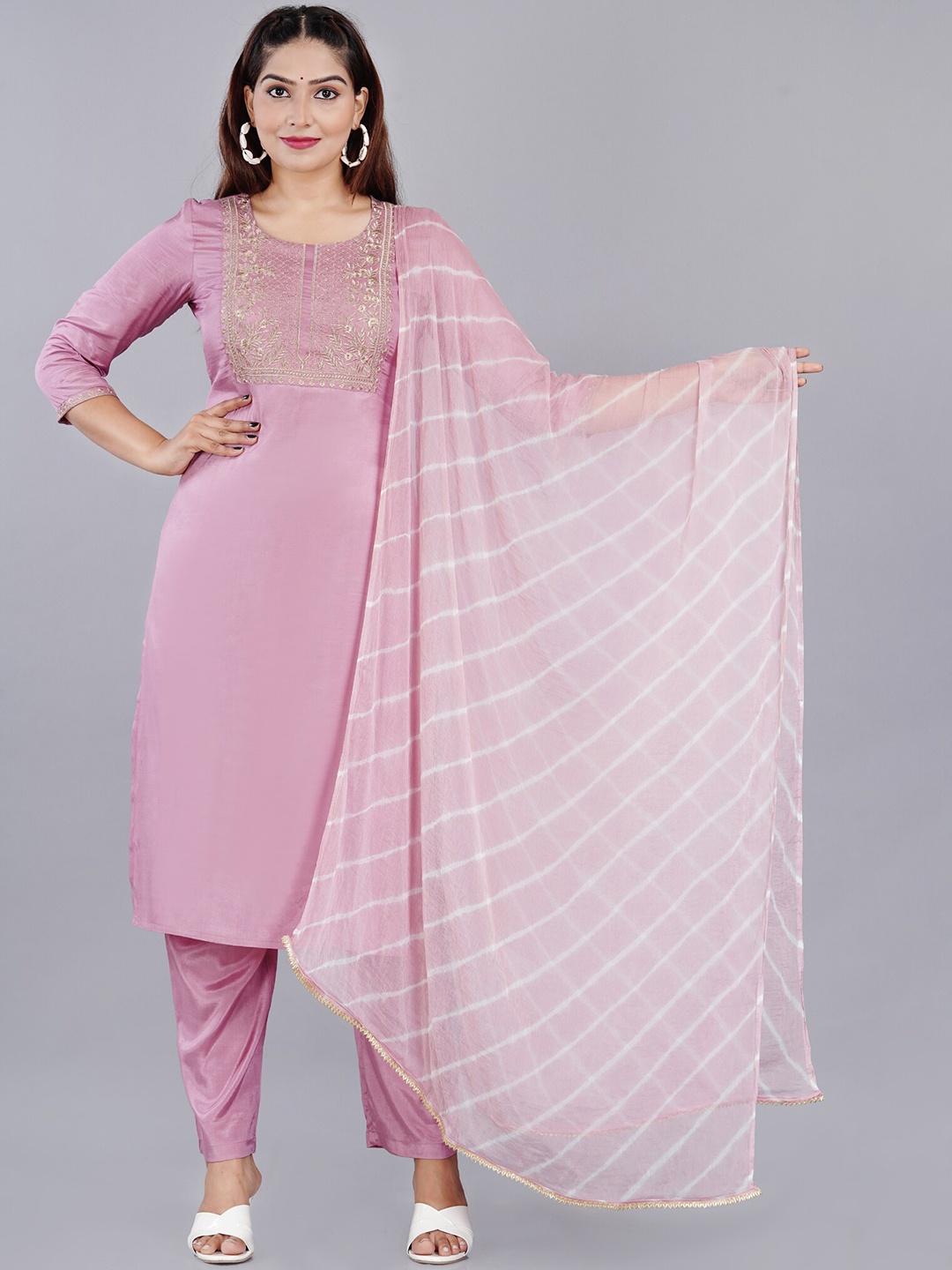 

BAESD Yoke Design Round Neck Regular Sleeves Kurta With Trousers & Dupatta, Pink