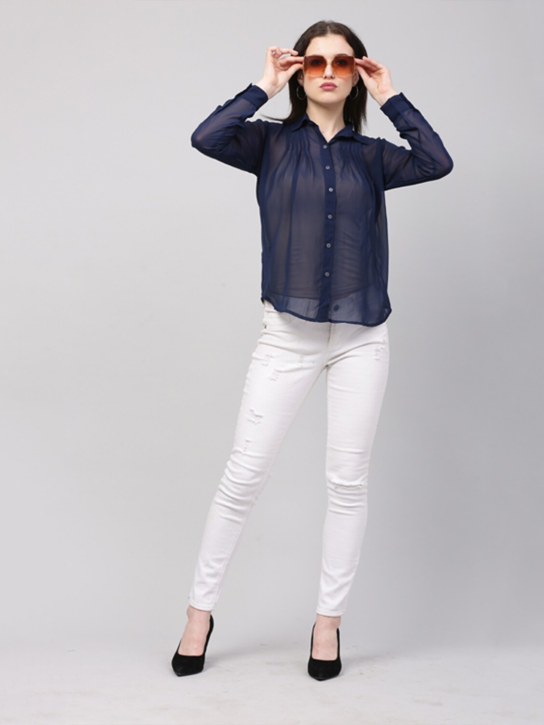 

BAESD New Semi Sheer Georgette Casual Shirt, Navy blue
