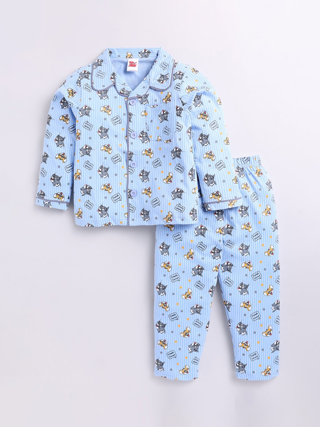 

DENIKID Kids Tom & Jerry Printed Pure Cotton Shirt With Pyjamas, Blue