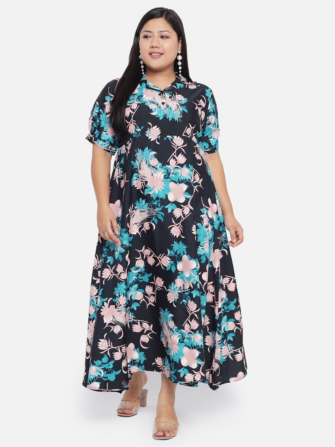 

Indietoga Women's Plus Size Green Floral Print Fit And Flare Long Maxi Dress